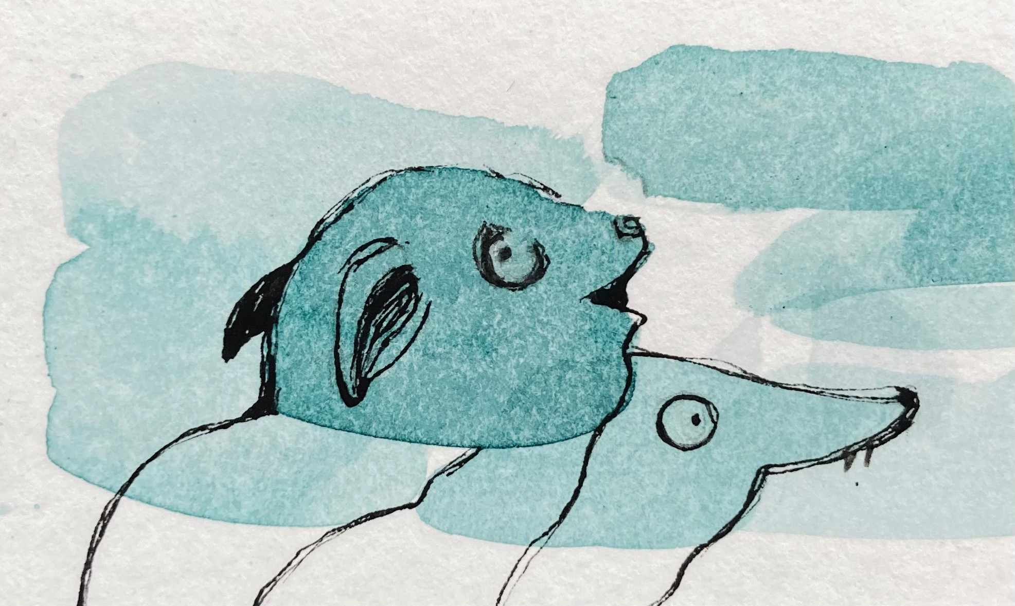 aus zwei türkisfarbenen tintenklecksen hab ich mit ein paar tintenstrichen zwei rierchen gemalt. das eine sieht aus wie ein kleiner runder hund und das andere wie etwas mei sehr langer nase und zähnchen. beide im profil, nach rechts schauend