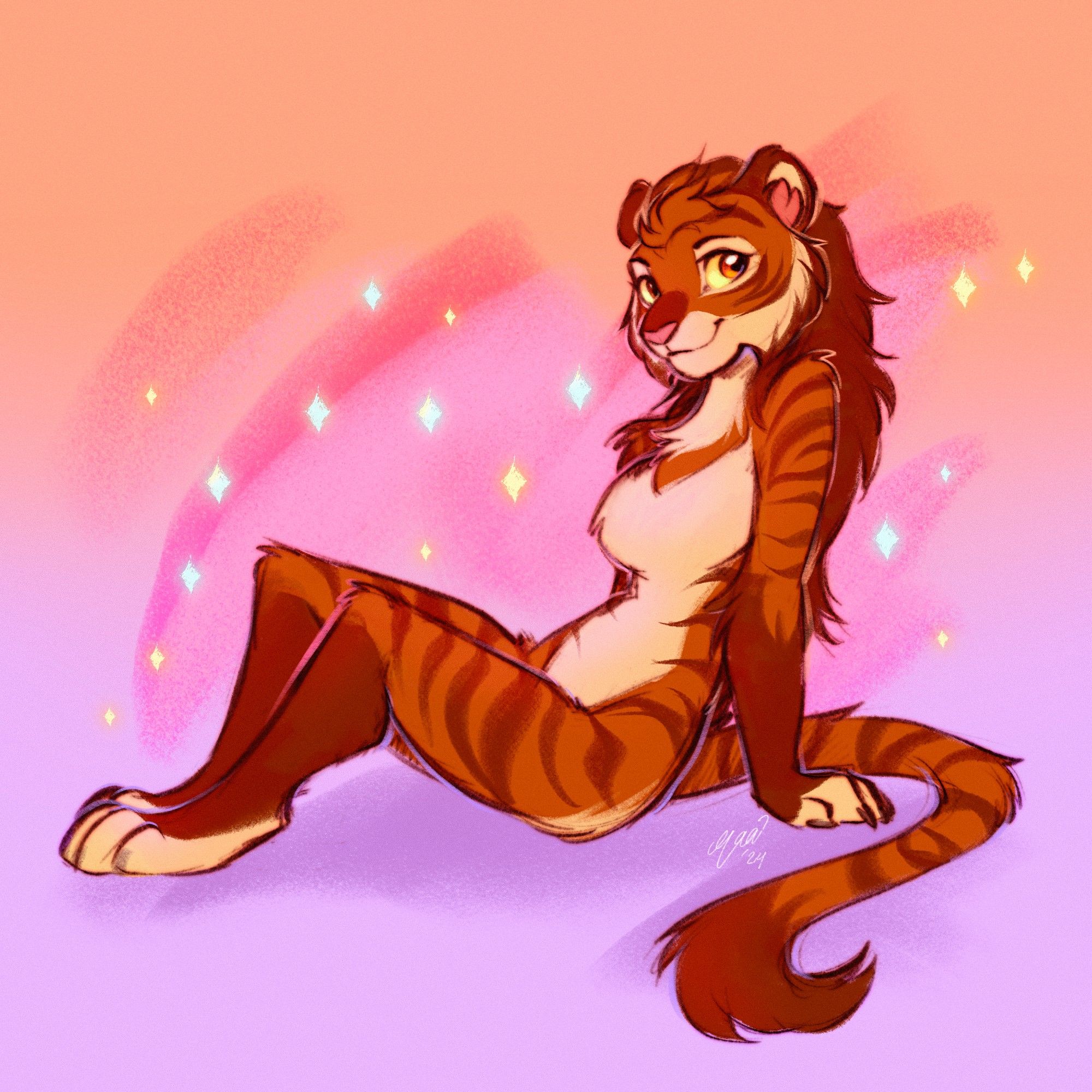 Digital drawing, rough sketch of Evaa the tigress sitting down casually looking at the viewer, in a colorful rough drawing style.