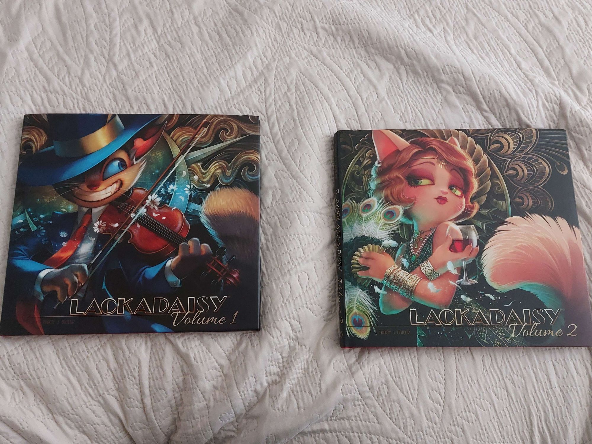 A photo of the first 2 hardcover volumes of Lackdaisy, which were rewards for supporting the BackerKit campaign for the Lackadaisy animated show! They are in perfect condition!