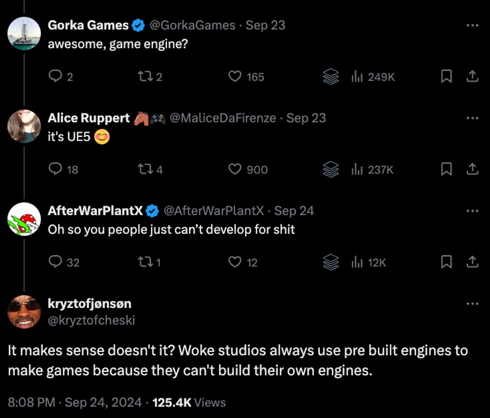 A series of replies to Alice's post on X. The first asks which engine it was built on, to which Alice replies "UE5". Then another X user replies "Oh so you people just can’t develop for shit" and another X user adds "It makes sense doesn't it? Woke studios always use pre built engines to make games because they can't build their own engines." The last post was by kryztofjønsøn and only has 15 likes (but 125,000 views)