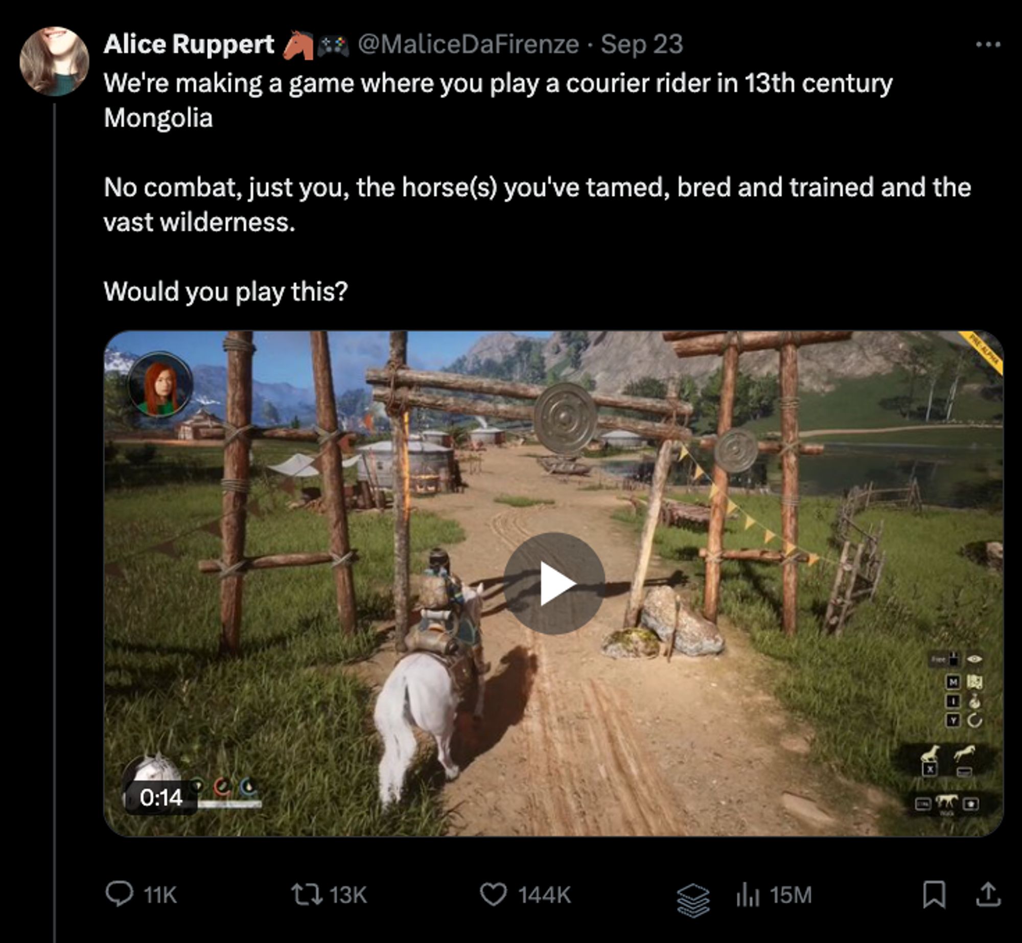 A screenshot of a new video game that was shared on X. It shows a beautiful landscape and a person riding a horse. The text says "We're making a game where you play a courier rider in 13th century Mongolia No combat, just you, the horse(s) you've tamed, bred and trained and the vast wilderness.   Would you play this?" The post was shared by Alice Ruppert and has 144,000 likes on X.