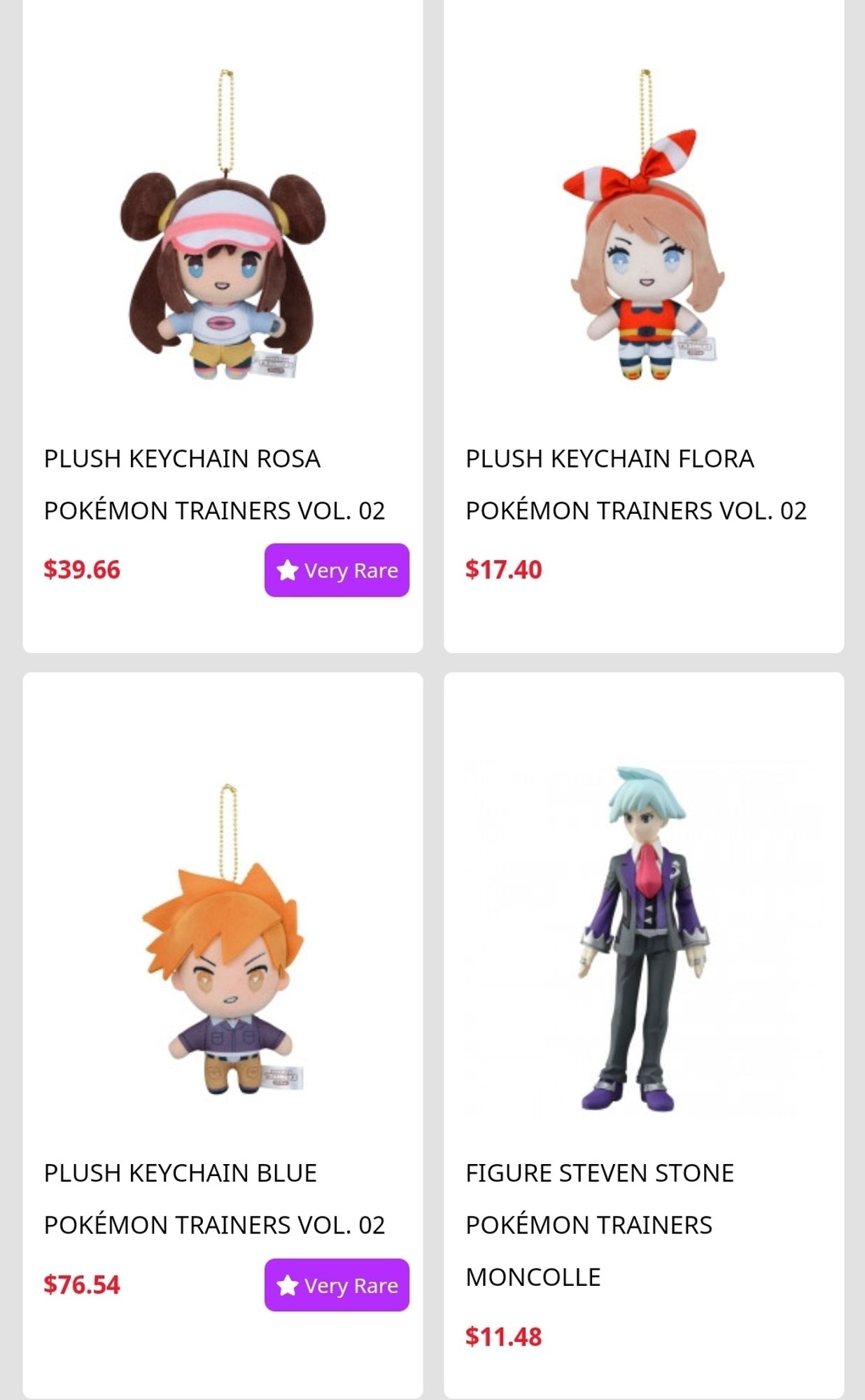 plush keychains of various pokemon trainers and a figure of Steven from pokemon