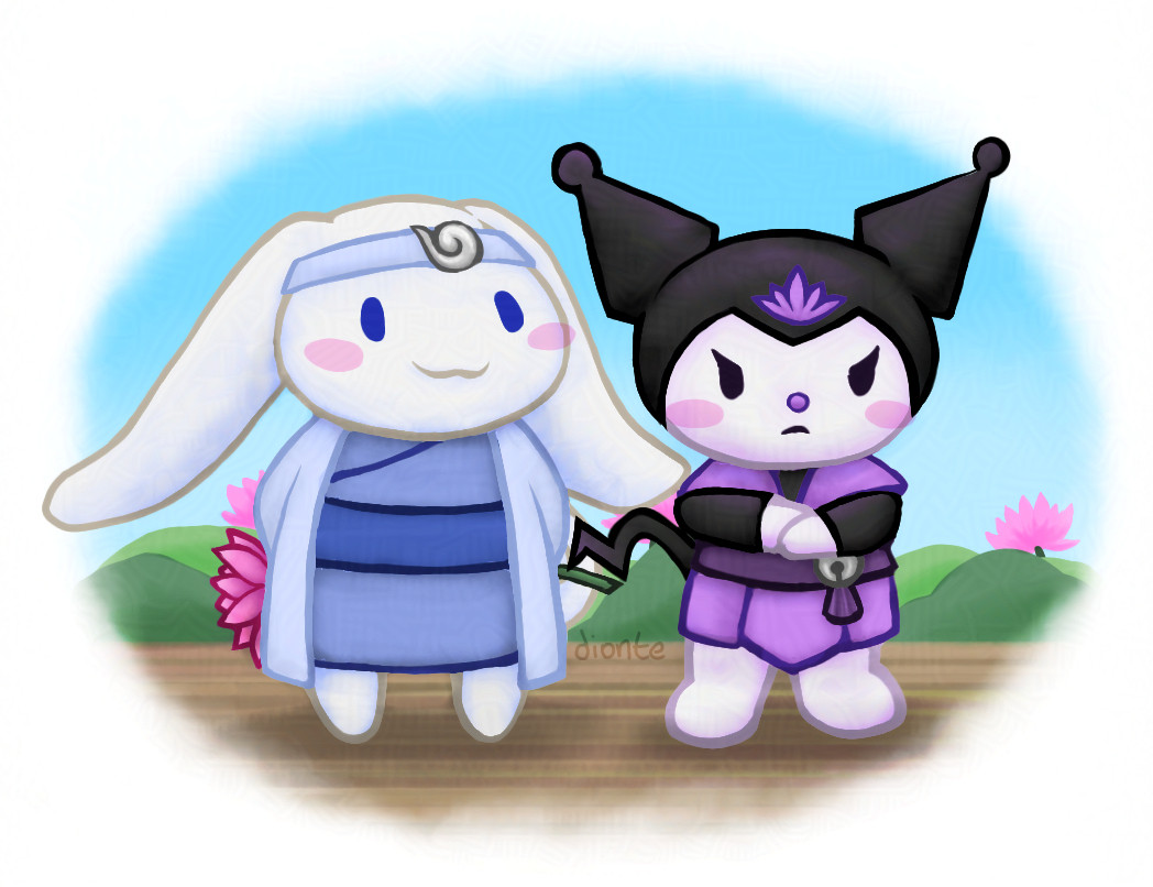 Cinnamoroll Lan Xichen holding a lotus behind his back while visiting a grumpy Kuromi Jiang Cheng at Lotus Pier.