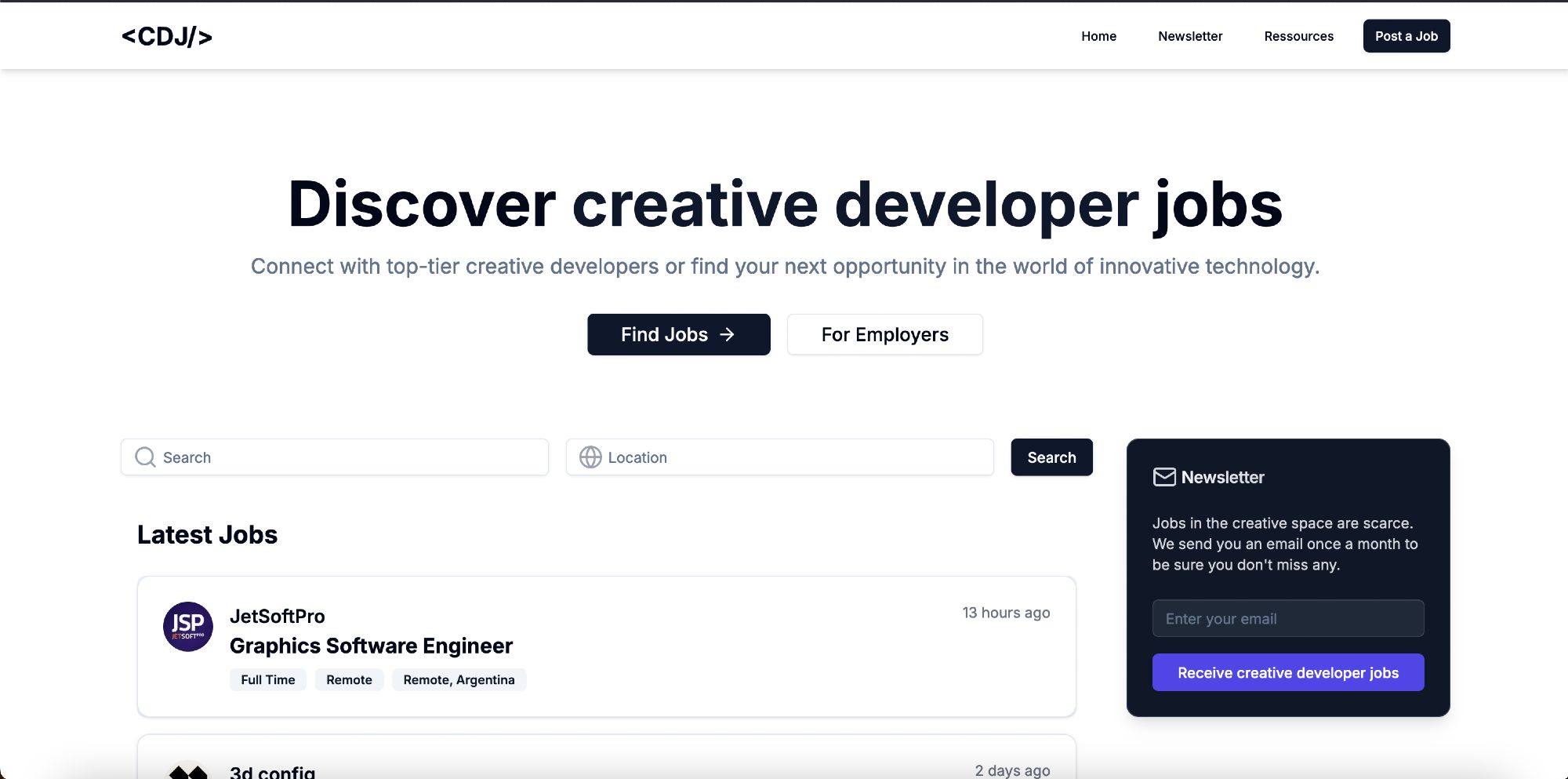 new design of the homepage of creativedevjobs.com