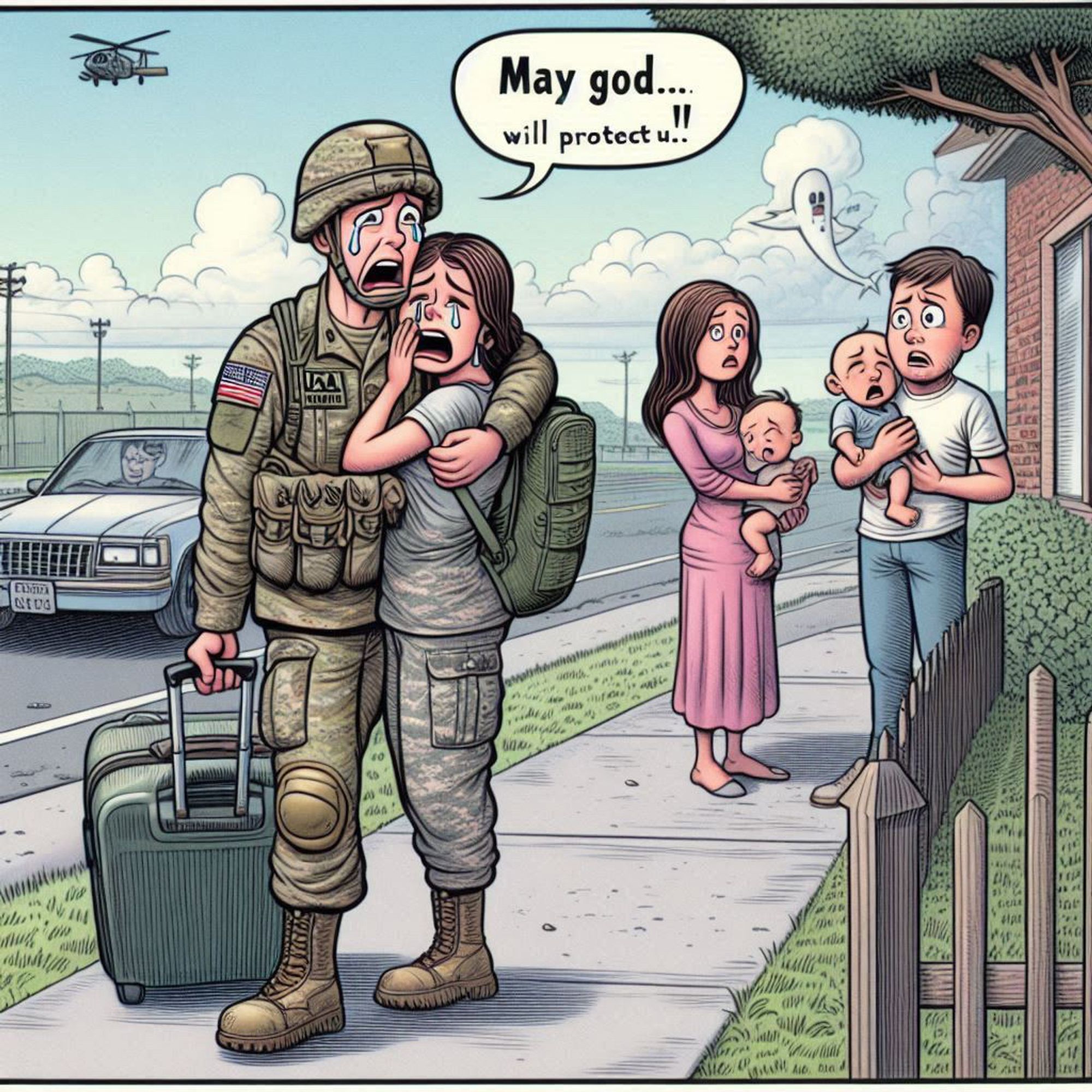 This AI-generated single-panel cartoon shows white male US solder, pulling a rolling suitcase, says "May god ... will protect u!!" He has his left arm around a white woman in gray camo fatigues, except the male and female soldier each have one leg, giving them two legs between them. Both soldiers are crying. In the background, a white man and woman are each holding a malformed baby. Above the white man, in the background in the sky, seems to be the ghost of a whale floating in the clouds. The people are all on a sidewalk, and behind them is a street where a man drives a car with no steering wheel; the street is lined with electric power poles but no power lines There is also a military helicopter in the sky behind.