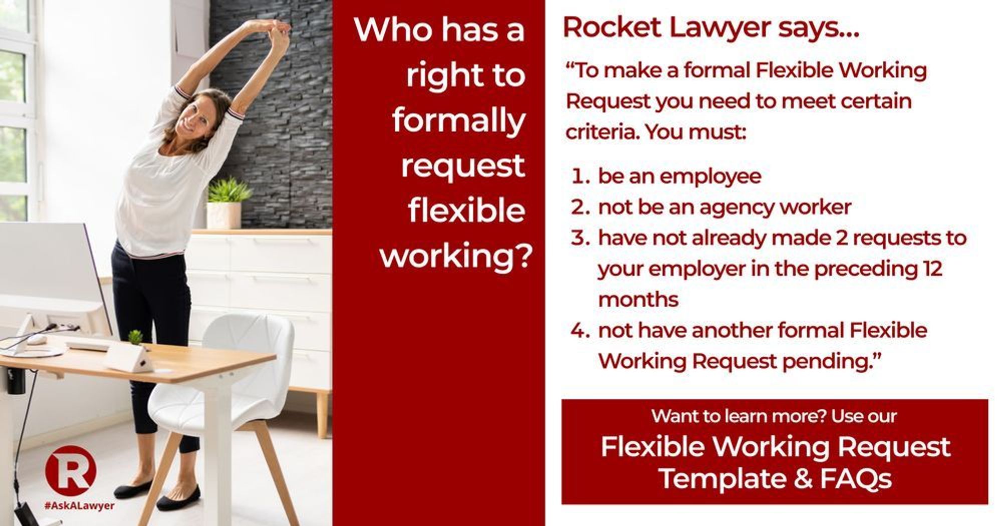 A Q&A post asking “Who can formally request a flexible working arrangement?” with the picture of a woman standing up and flexing behind her desk. Read our Flexible Working Request Template & FAQs to learn the answer.