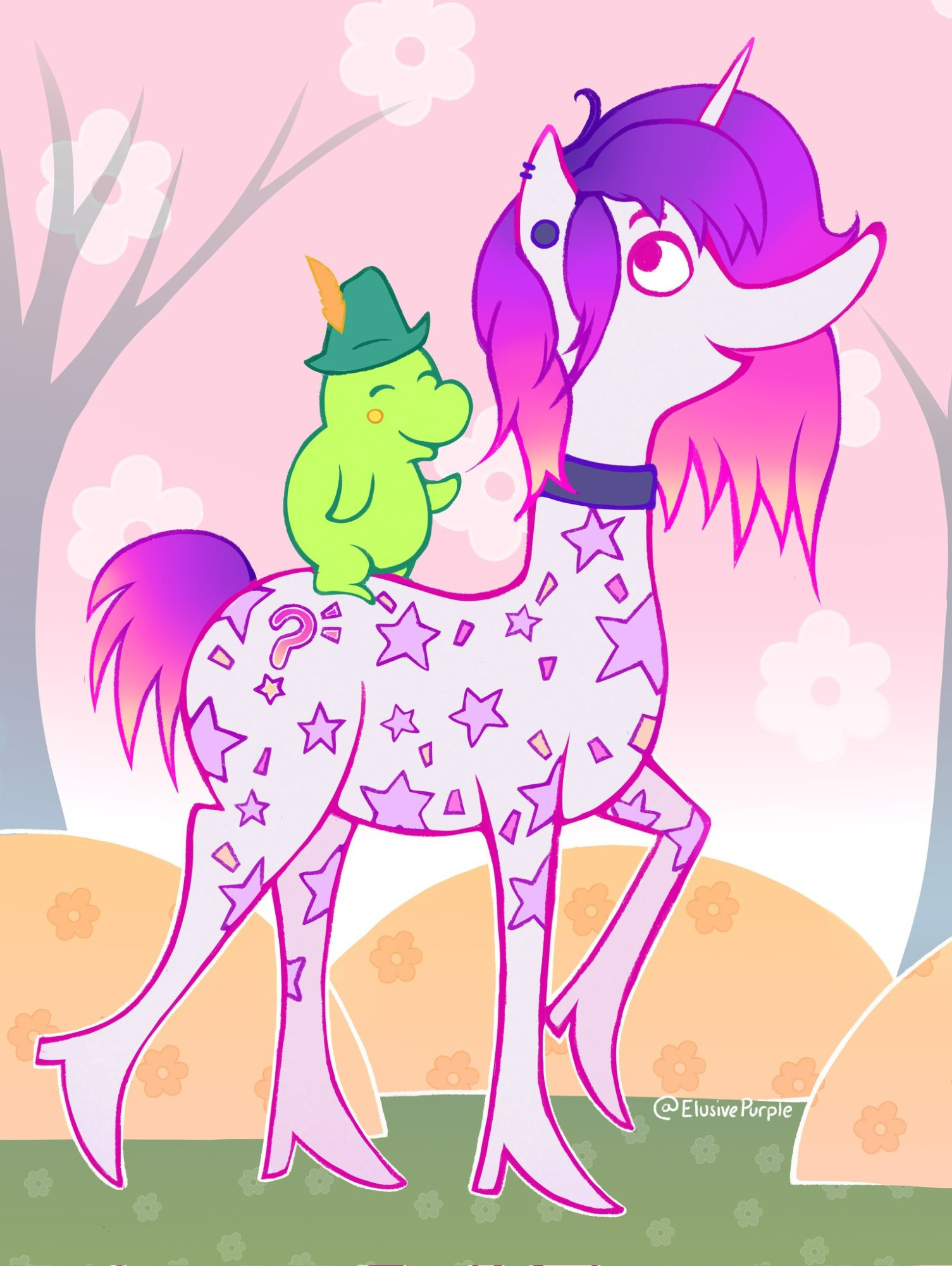 My OC Elusive as a moomin styled horse. On her back is kuchipatchi the taamgotchi with snufkin's hat. The background is cherry blossom trees.