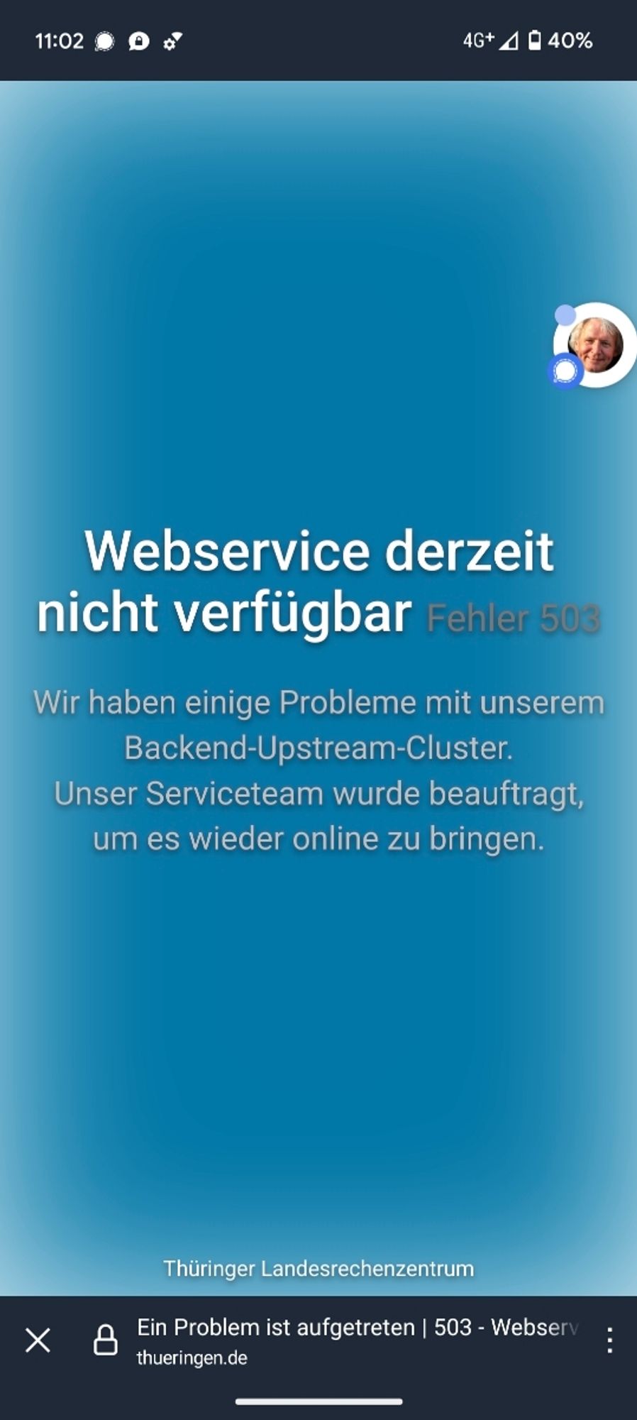 Screenshot des Links: Thüringer Vervaltungsserver, Website derzeit nicht verfügbar