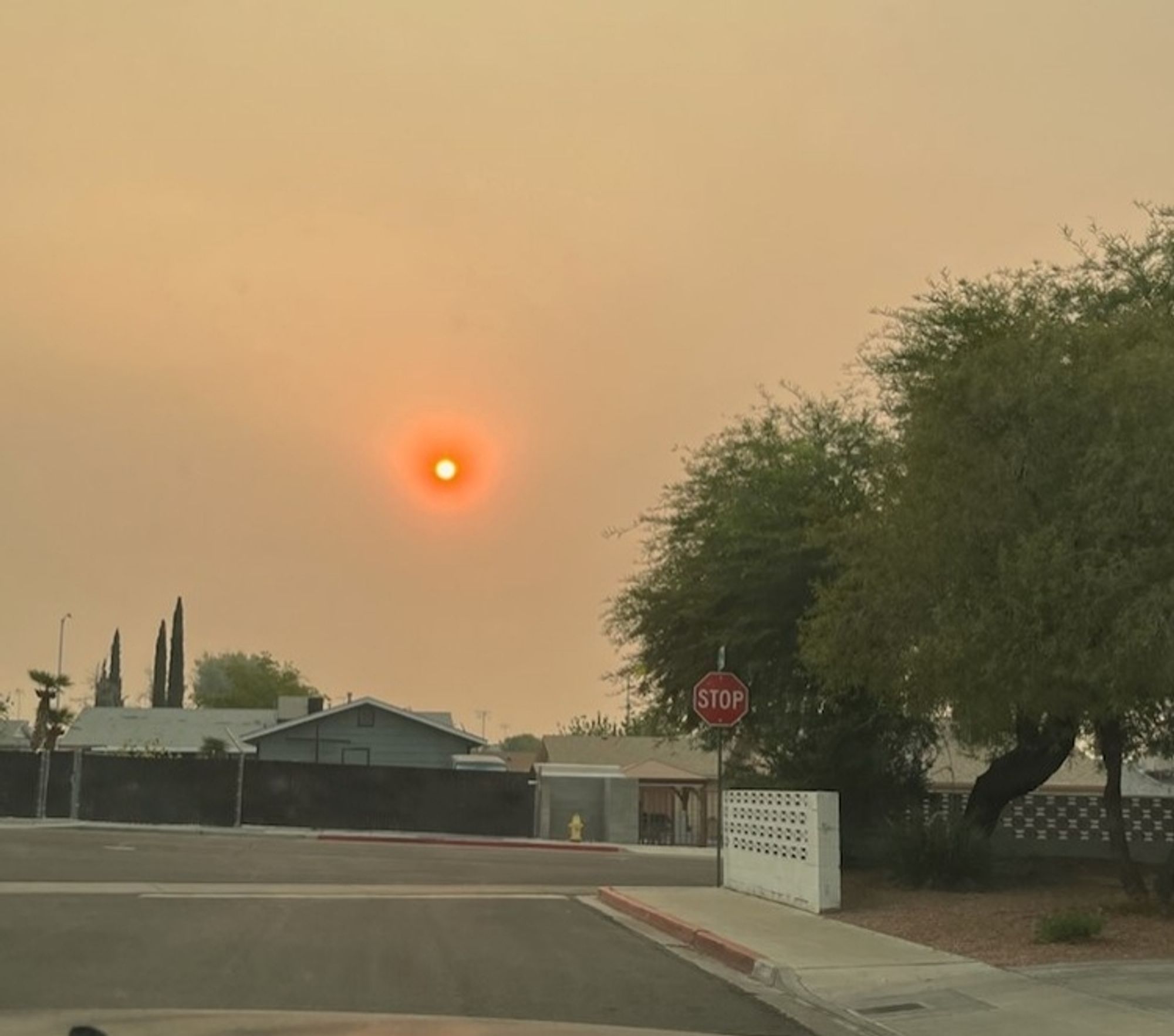 A dim red Sun in a yellow sky above a suburban neighborhood