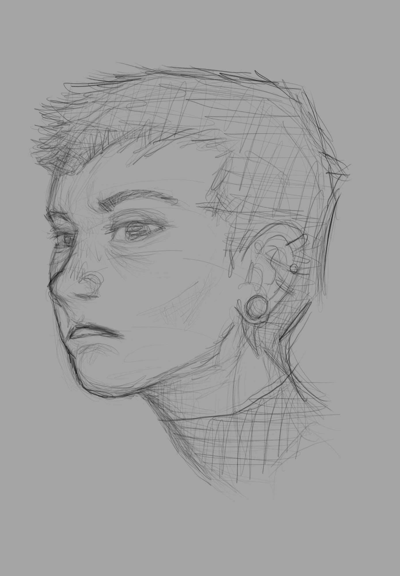 Sketch of harrowhark nonagesismus. Shes a short haired dark eyed young woman looking sude eyed at the viewer tiredly and judgy.