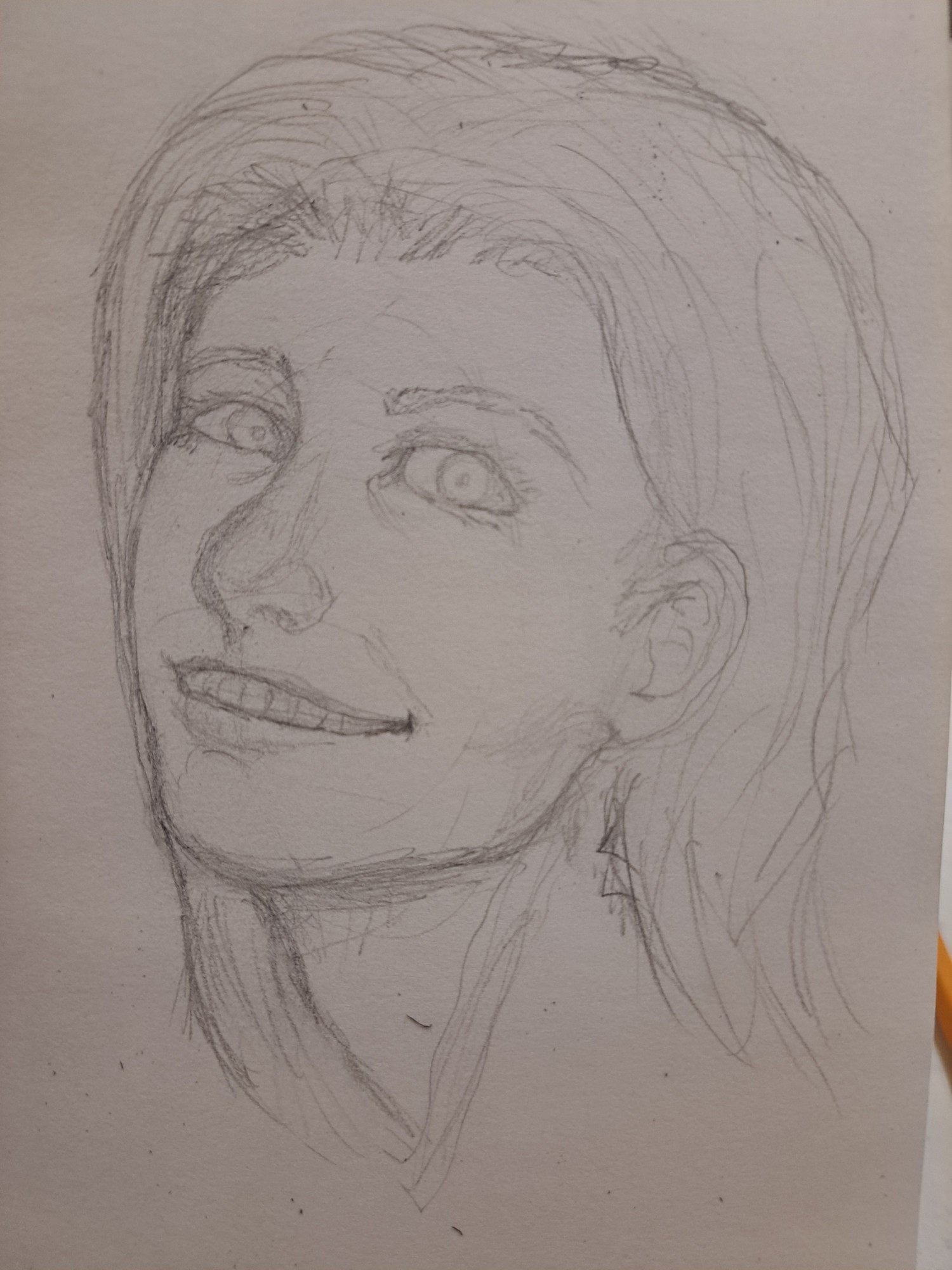 Rough sketch of ianthe from tlt tilting her head back eyes wide and smiling manically at the viewer 