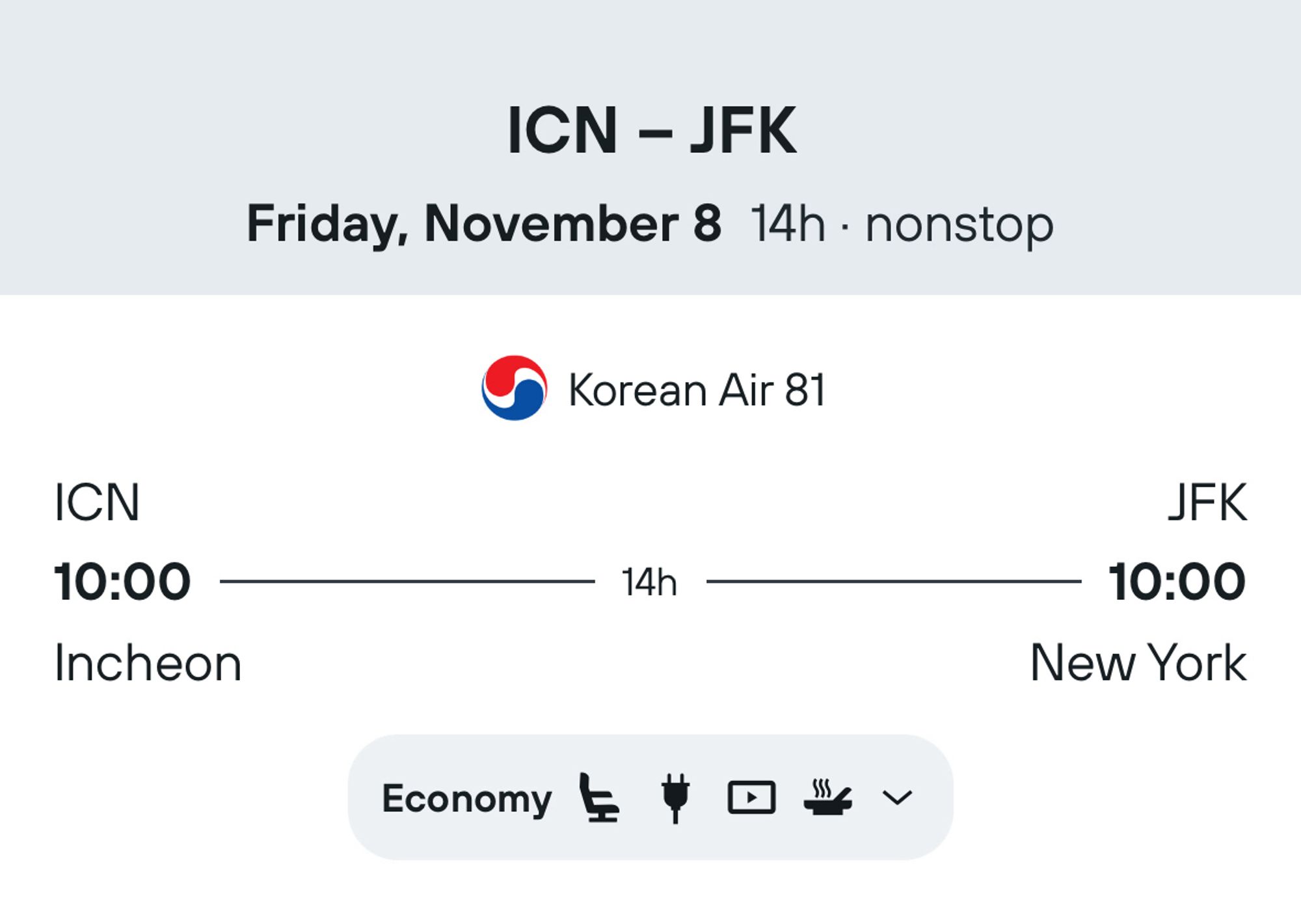 Seoul to NYC flight with a duration of 14 hours departing and landing at 10am the same day