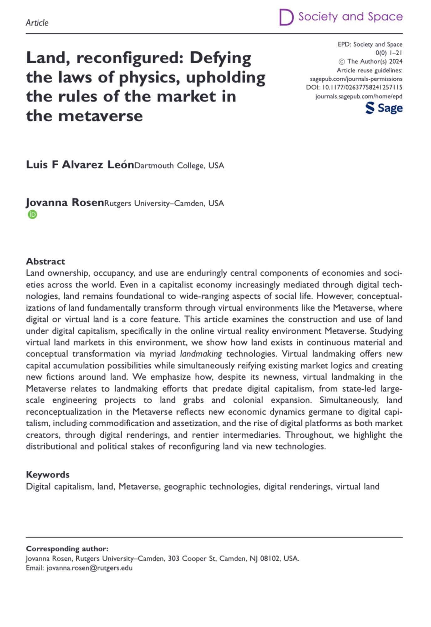 Land, reconfigured: Defying the laws of physics, upholding the rules of the market in the metaverse
By
Luis F Alvarez León and Jovanna Rosen