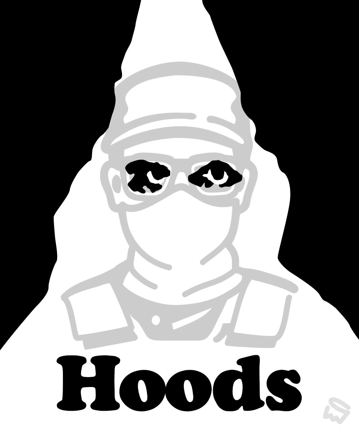 a vector image of an ICE agent shrouded in sunglasses and gaiter superimposed with the ghostly outline of a hooded klansman staring through his hood’s eyeholes over the word “Hoods”
