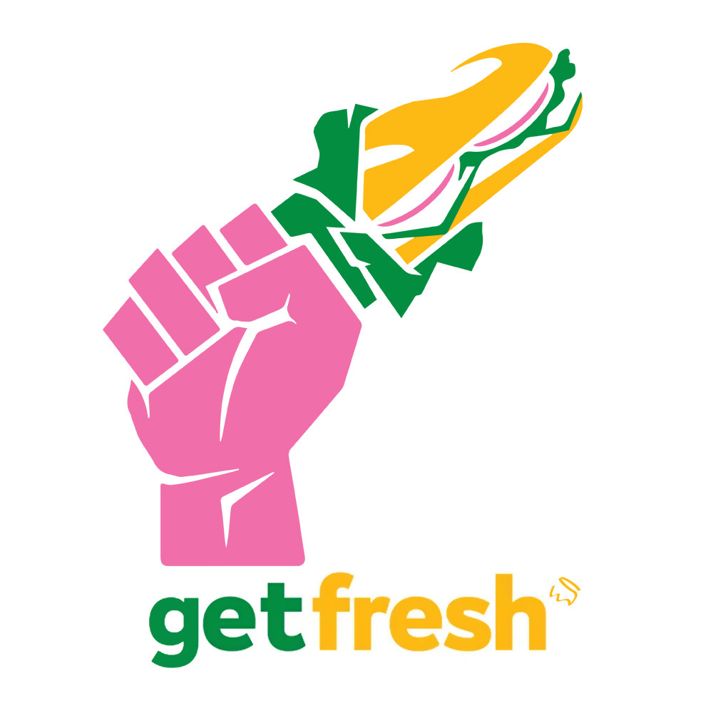a parody of a Subway sandwich ad with a raised pink fist holding a sandwich with the slogan "get fresh"