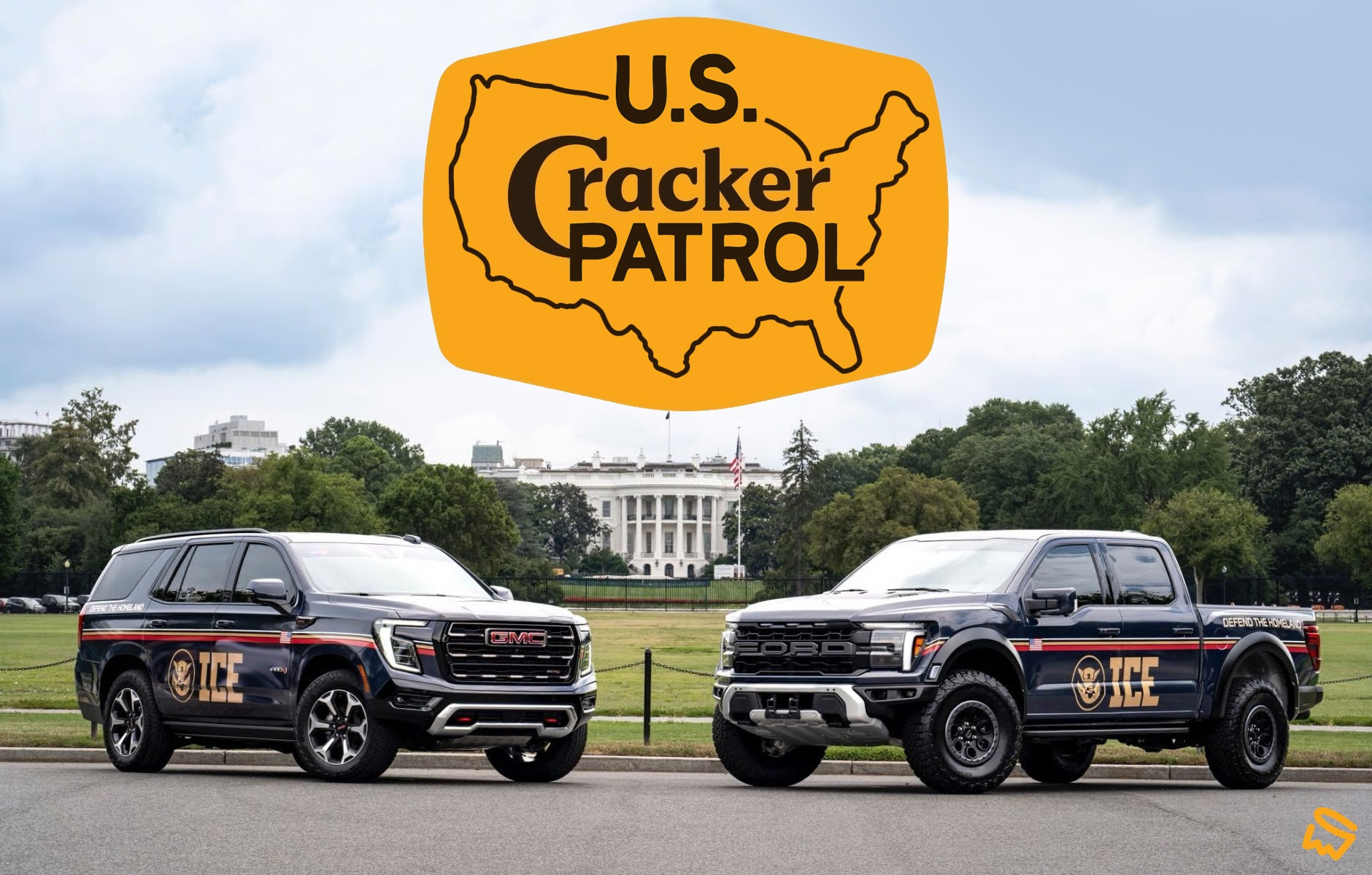 a parody of the new Cracker Barrel logo merged with the logo for the US Border Patrol and photo of the new Trump-branded ICE trucks with the insignia "U.S. Cracker Patrol"