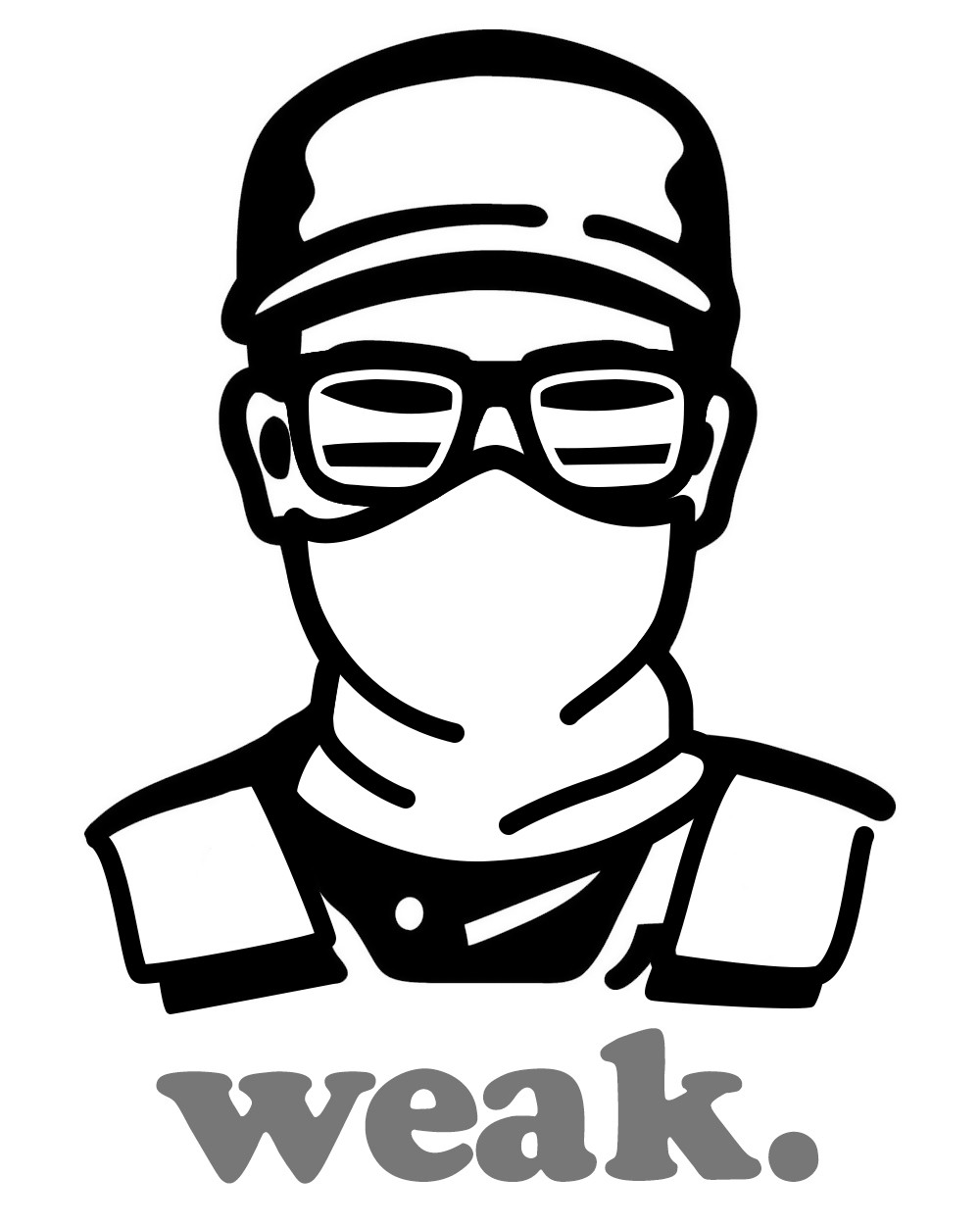 a black & white vector image of an ICE agent with his poor widdle face covered with sunglasses and a gaiter over the word "weak."