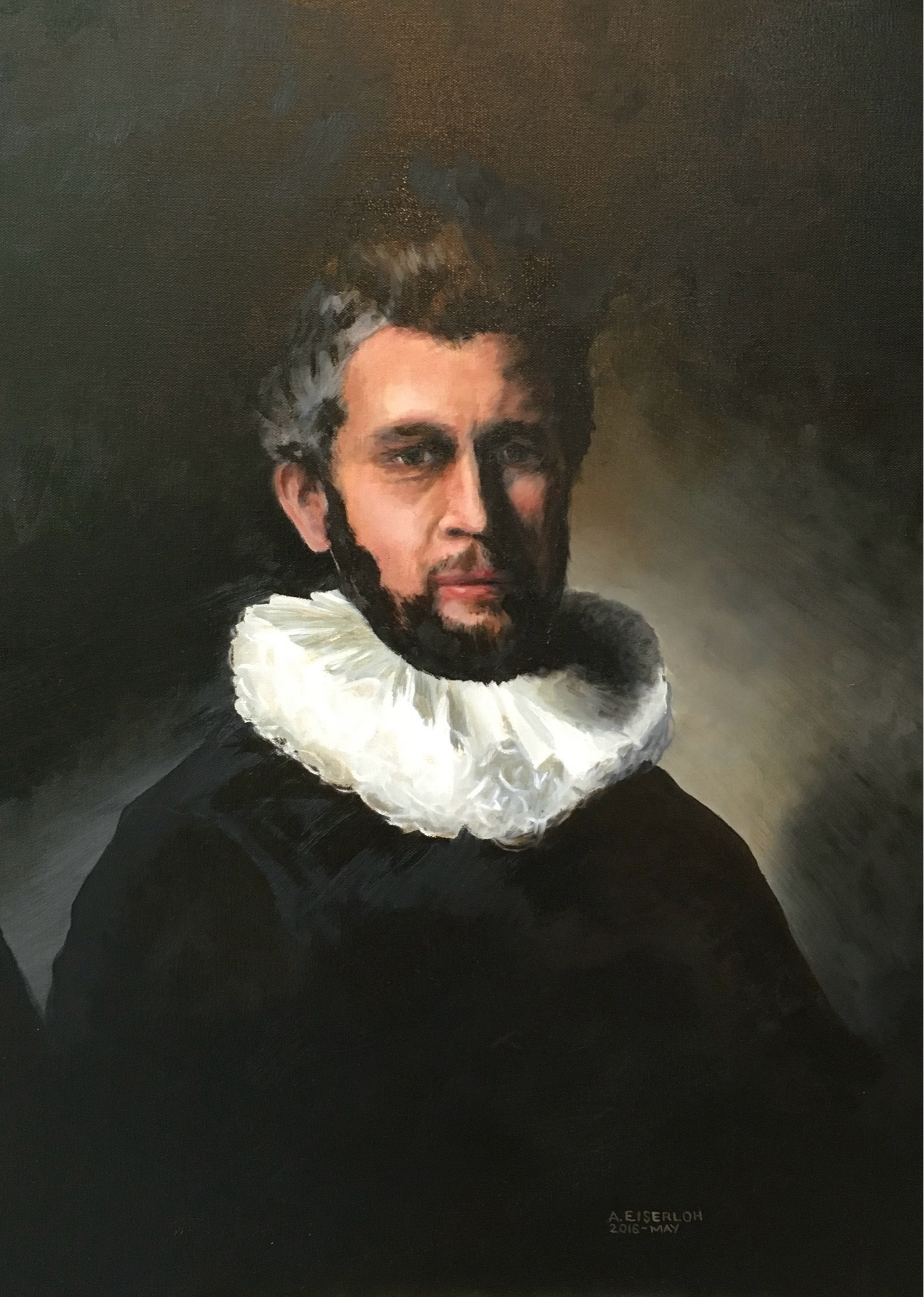 An oil painting portrait of a man from the 1500s wearing European renaissance clothing with a ruff collar in the style of Rembrandt. Painting is oil on canvas by Alexander Eiserloh in 2016.