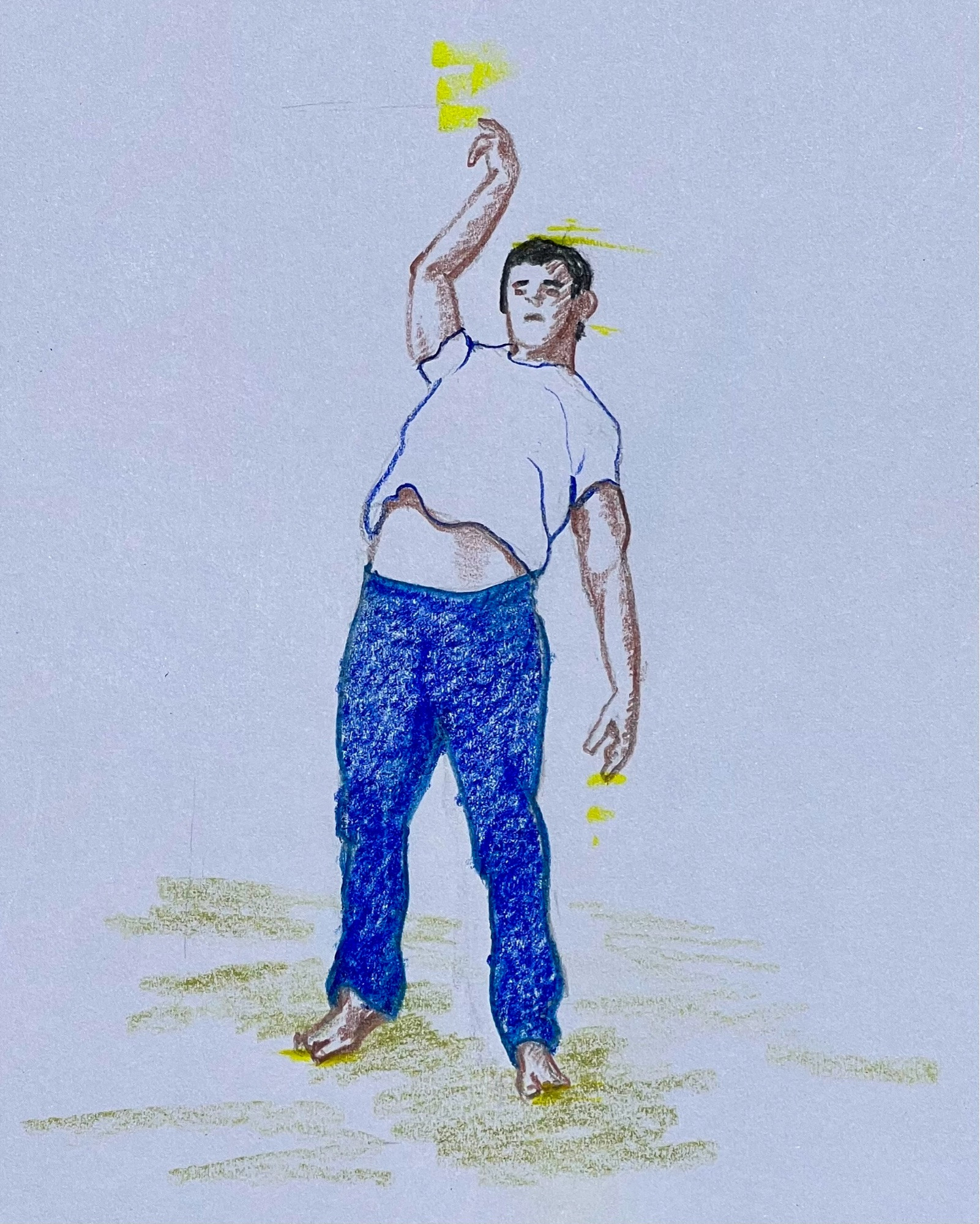 Color pencil sketch illustration of a man doing Qi Gong. He’s wearing blue jeans and a white tshirt that is lifting to expose his abs. Male figure with a muscular build. By Alexander Eiserloh in 2023