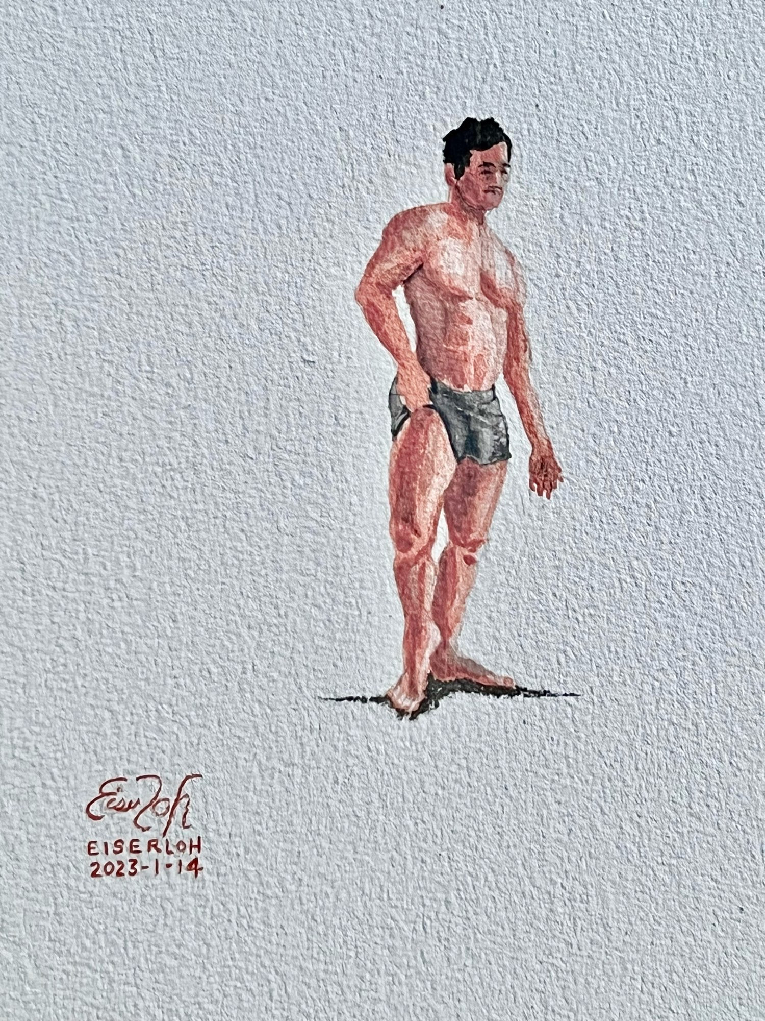 Watercolor painting sketch of a man in shorts. Figure has a bodybuilder physique. By Alexander Eiserloh in 2024