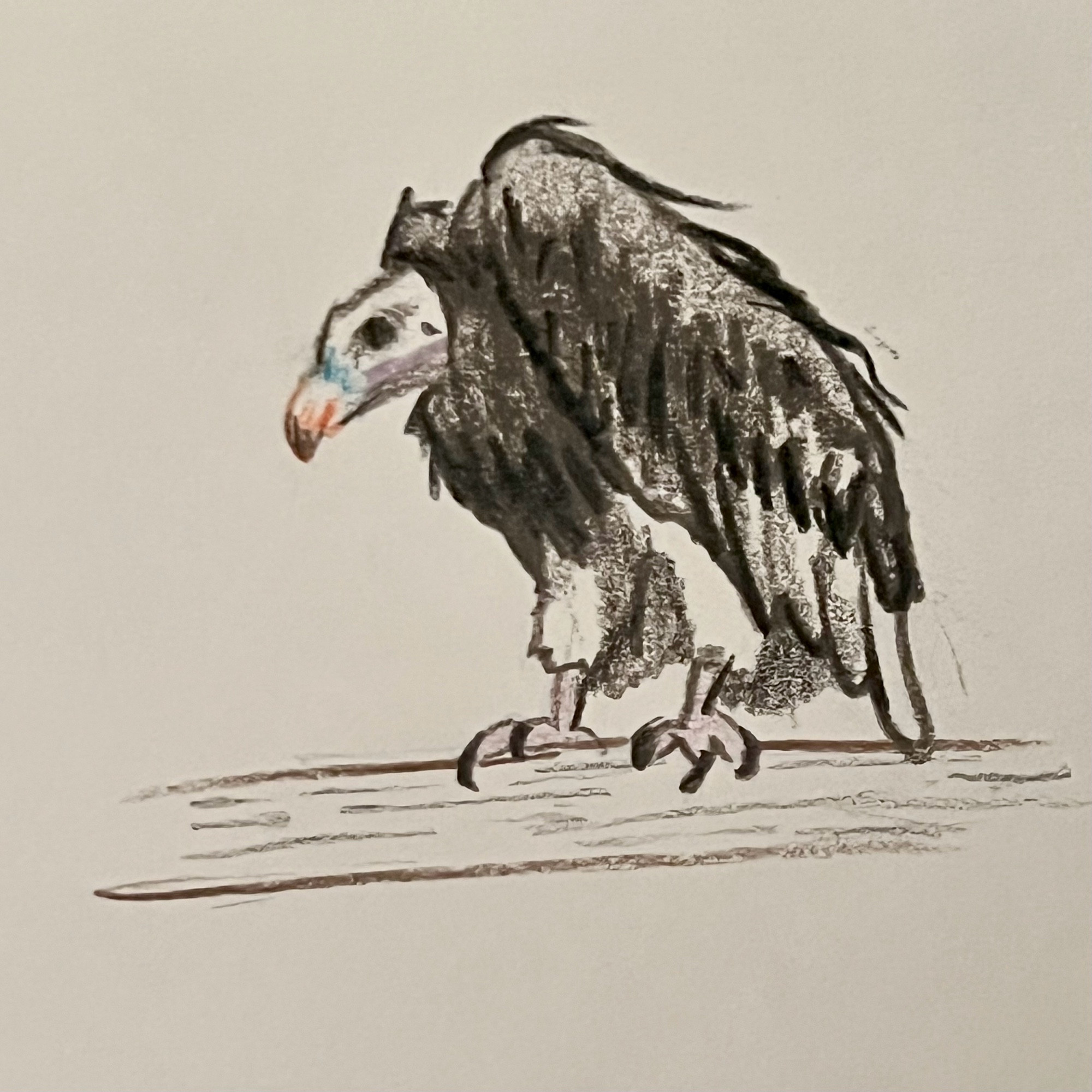 Sketch in color pencil of a white headed vulture by Alexander Eiserloh