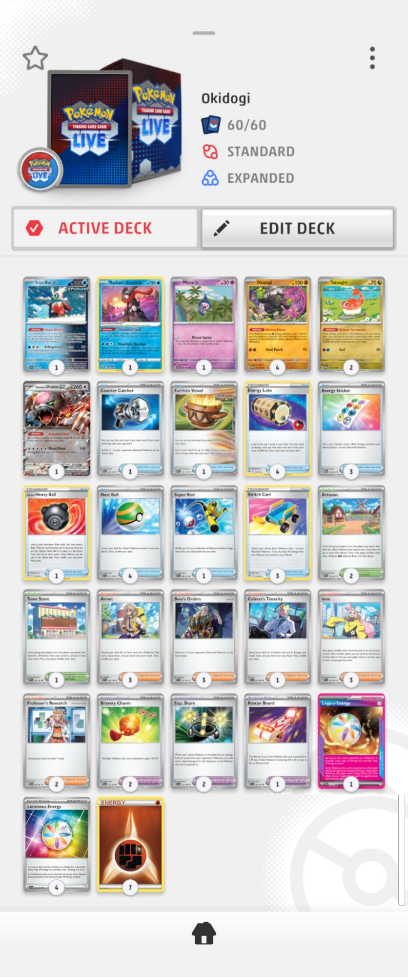 Pokémon: 6
1 Bloodmoon Ursaluna ex TWM 141
1 Iron Bundle PAR 56
1 Mime Jr. PAF 31
4 Okidogi TWM 111
1 Radiant Greninja ASR 46
2 Tatsugiri TWM 131

Trainer: 18
1 Hisuian Heavy Ball ASR 146
1 Counter Catcher PAR 160
3 Switch Cart ASR 154
1 Town Store OBF 196
2 Artazon PAF 76
2 Exp. Share SVI 174
1 Rescue Board TEF 159
4 Nest Ball SVI 181
3 Energy Sticker MEW 159
2 Bravery Charm PAL 173
3 Boss's Orders PAL 172
3 Iono PAL 185
3 Arven SVI 166
1 Super Rod PAL 188
2 Professor's Research PAF 87
1 Colress's Tenacity SFA 57
4 Energy Loto ASR 140
1 Earthen Vessel PAR 163

Energy: 3
1 Legacy Energy TWM 167
4 Luminous Energy PAL 191
7 Basic {F} Energy Energy 14

Total Cards: 60
