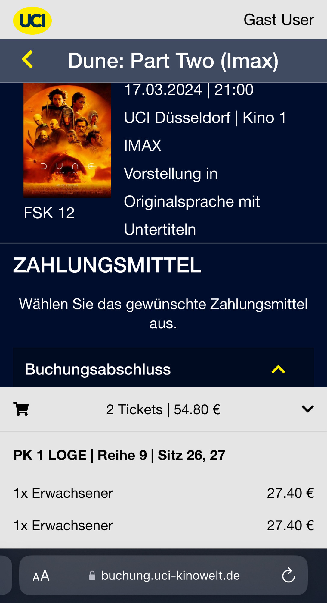 screenshot. 
Bestellprozess Dune2 als Gastbuchung bei UCI Düsseldorf. Oberste Platzkategorie Loge. Zweimal für Erwachsene. Nur die Sitze als IMAX ohne Extra-Irgendwas 54.80€.