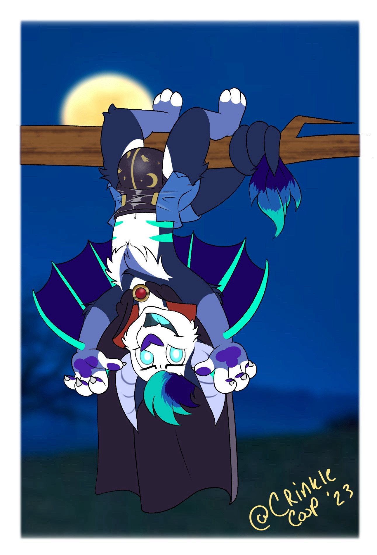 Farix hanging upside down for a Halloween jumpscare with a vampire cape, by CrinkleCoop