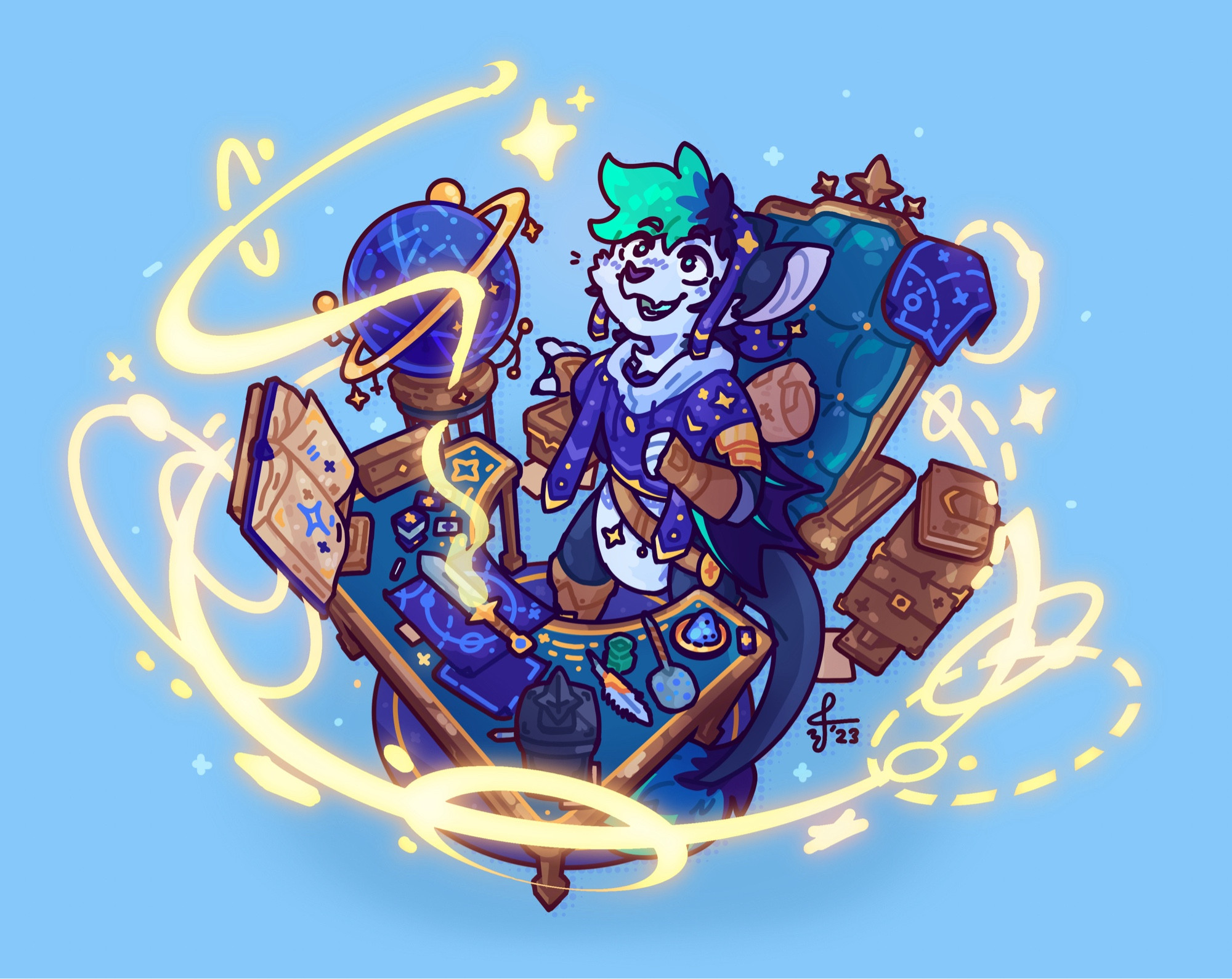 Farix, Startificer, in the midst of crafting star-themed artifacts and items, by Cel