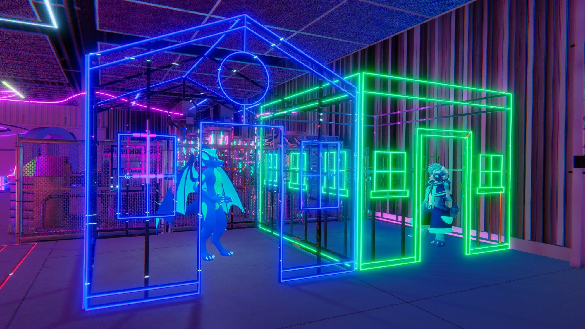 Two furry characters in house-shaped structures made of neon lights. VRChat photo,