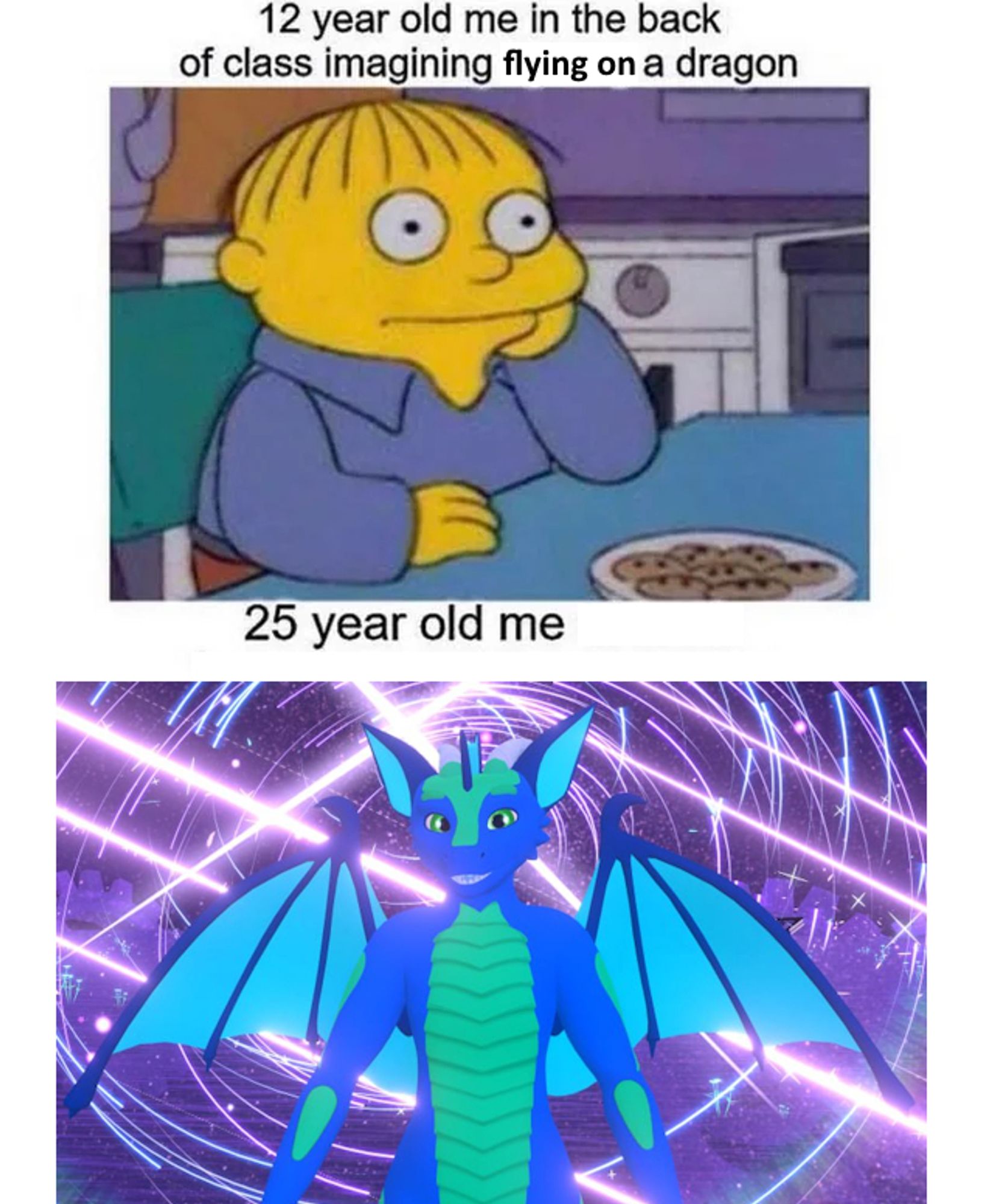 me at 12 years old imagining flying on a dragon. Me at 25, now a furry with a dragon fursona