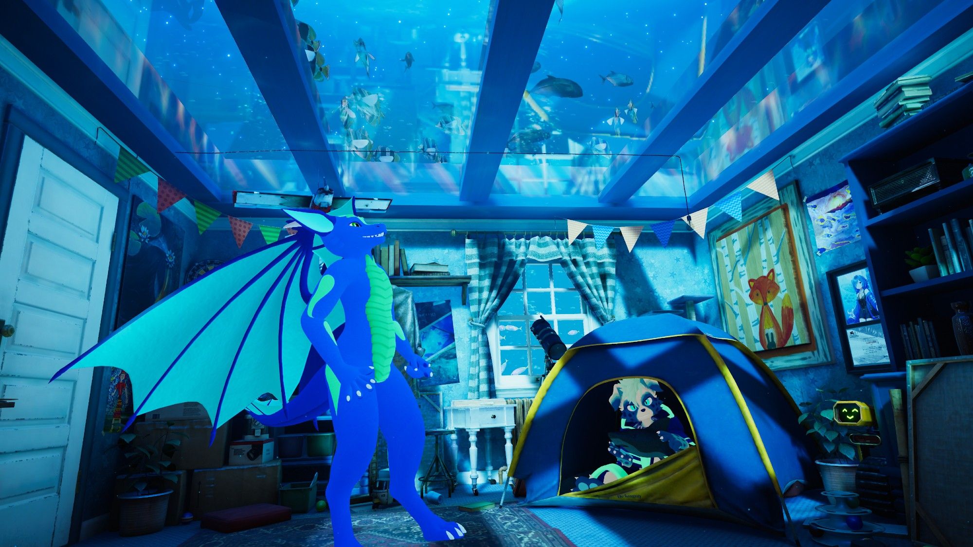 Two anthro (furry) characters in a whimsical colorful underwater room. VRChat photo.