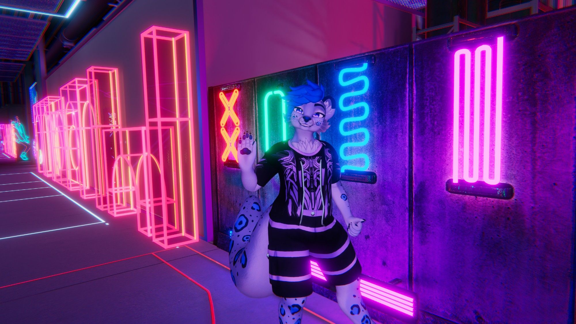 An anthro (furry) snow leopard in front of some colorful neon light signs. VRChat photo.