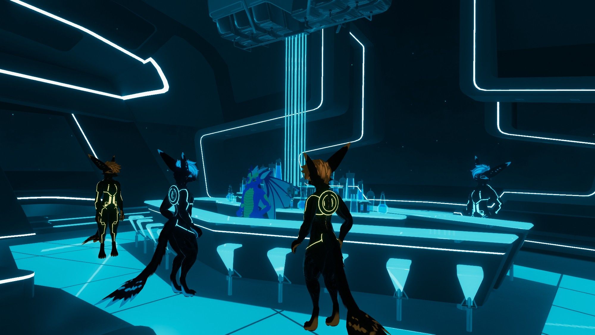 Multiple anthro (furry) characters in a bar/lounge lit with glowing blue lines. VRChat photo, world recreation from the movie Tron Legacy