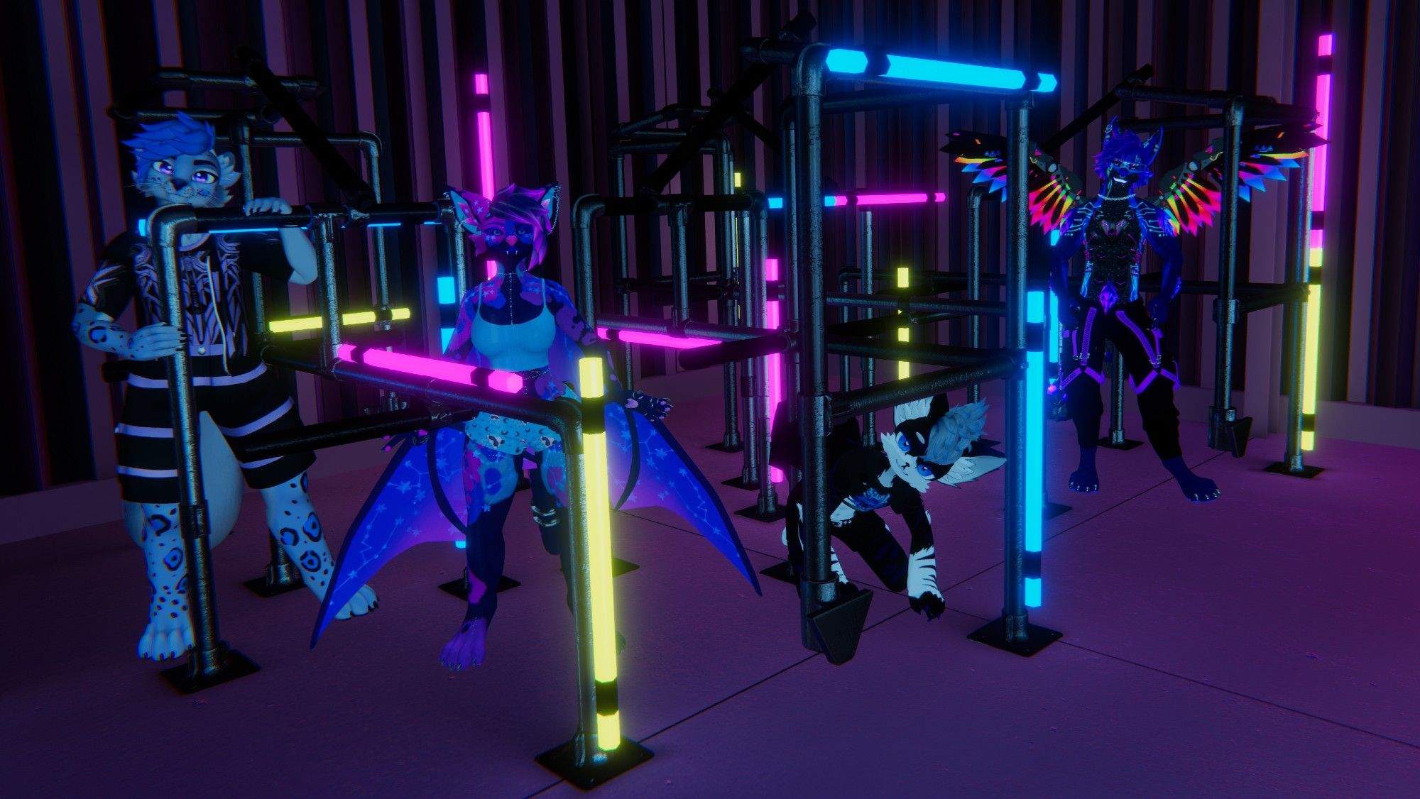 Four furry characters among a structure of neon-lit pipes. VRChat photo.