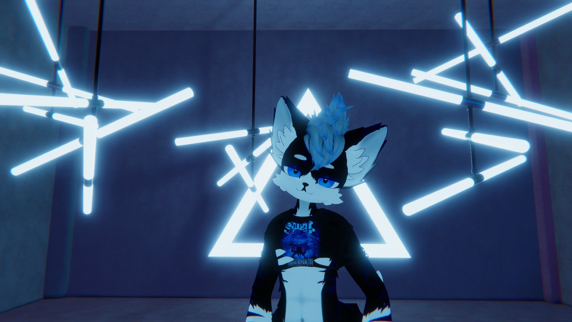 An anthro (furry) black and white cat in front of some hanging neon lights. VRChat photo.