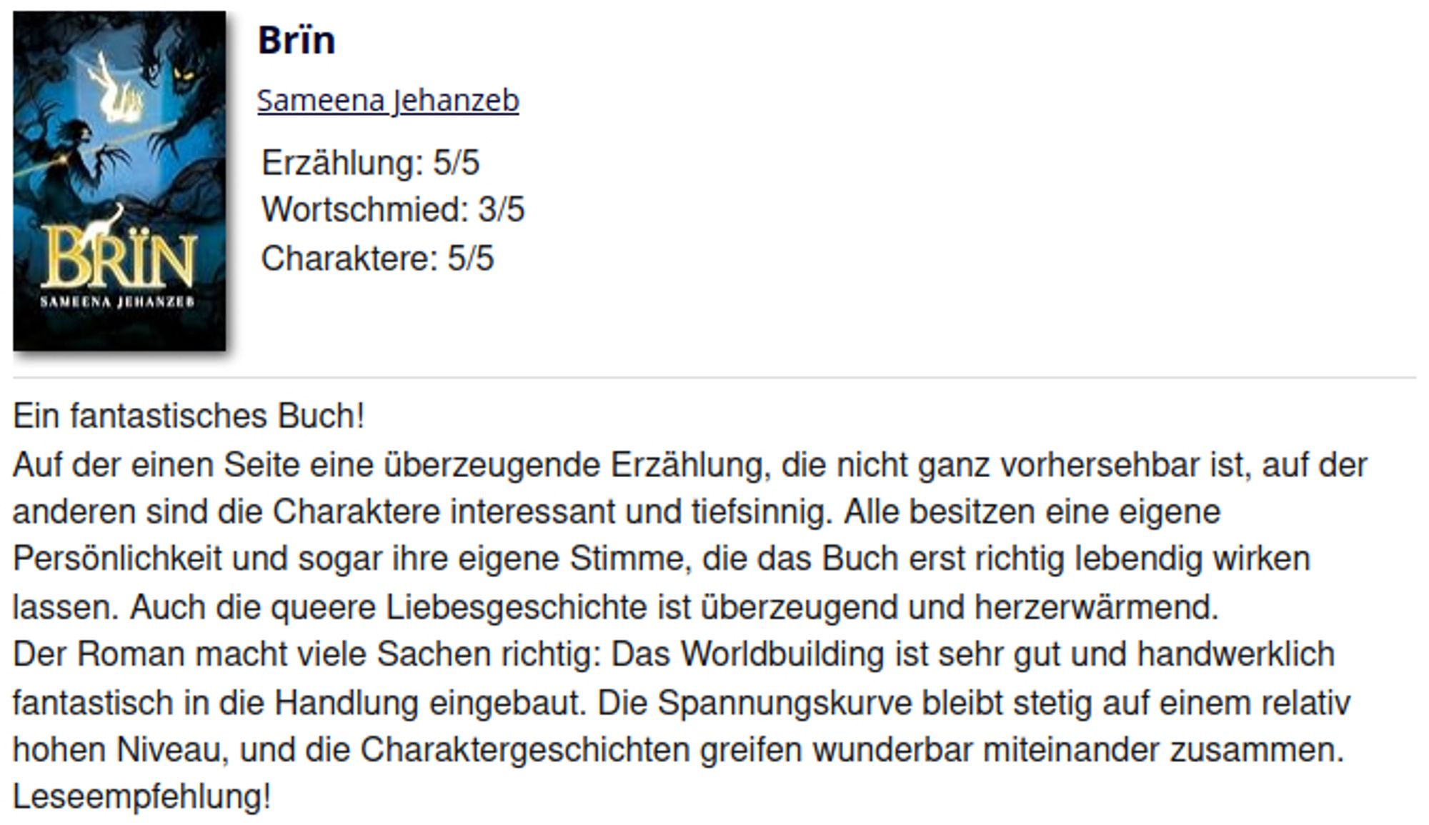 Ein fantastisches Buch!
Auf der einen Seite eine überzeugende Erzählung, die nicht ganz vorhersehbar ist, auf der anderen sind die Charaktere interessant und tiefsinnig. Alle besitzen eine eigene Persönlichkeit und sogar ihre eigene Stimme, die das Buch erst richtig lebendig wirken lassen. Auch die queere Liebesgeschichte ist überzeugend und herzerwärmend.
Der Roman macht viele Sachen richtig: Das Worldbuilding ist sehr gut und handwerklich fantastisch in die Handlung eingebaut. Die Spannungskurve bleibt stetig auf einem relativ hohen Niveau, und die Charaktergeschichten greifen wunderbar miteinander zusammen.
Leseempfehlung!