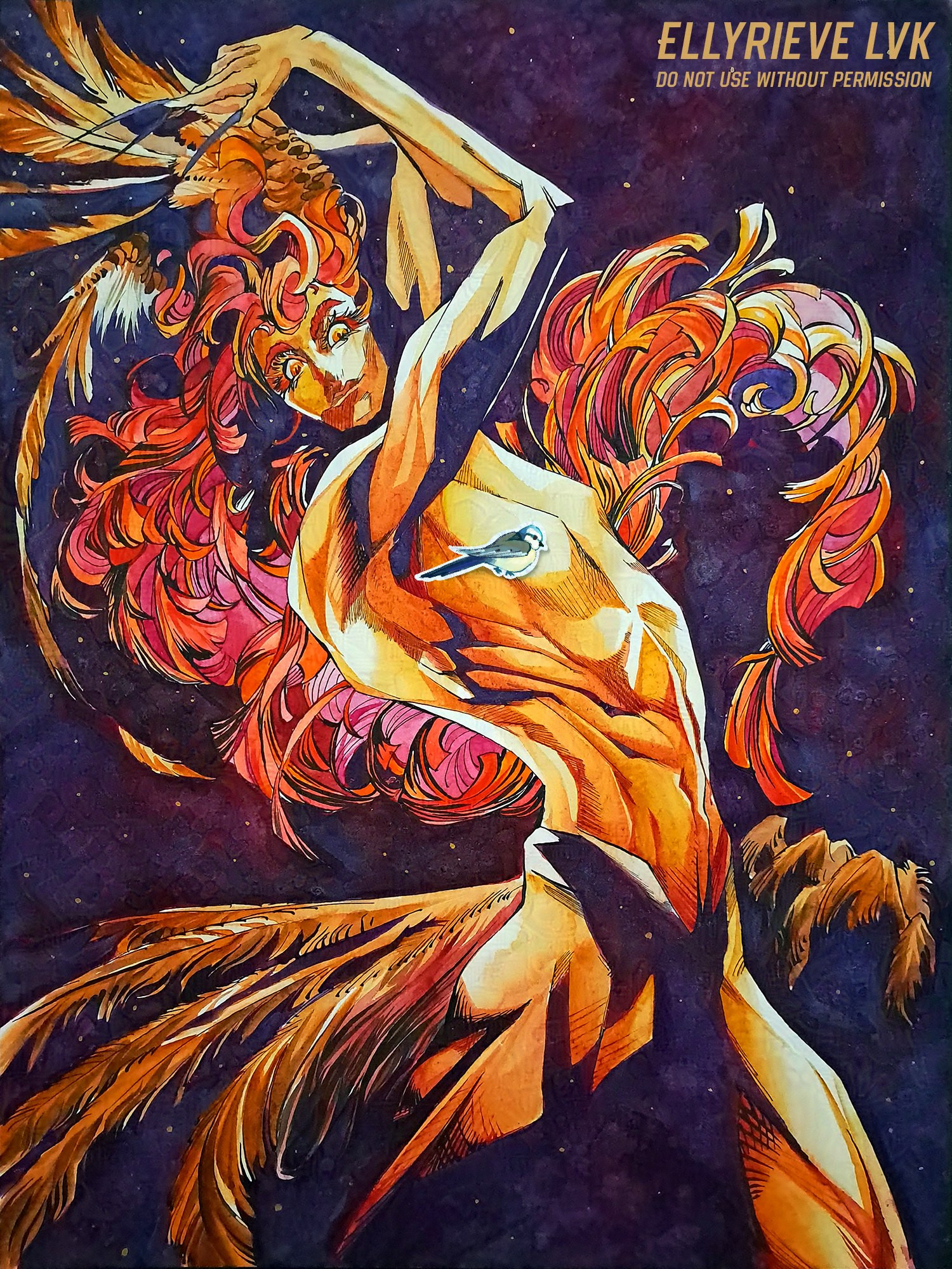 Watercolour painting of a red haired man in a twisty position.

Art by Ellyrieve LVK, all rights reserved