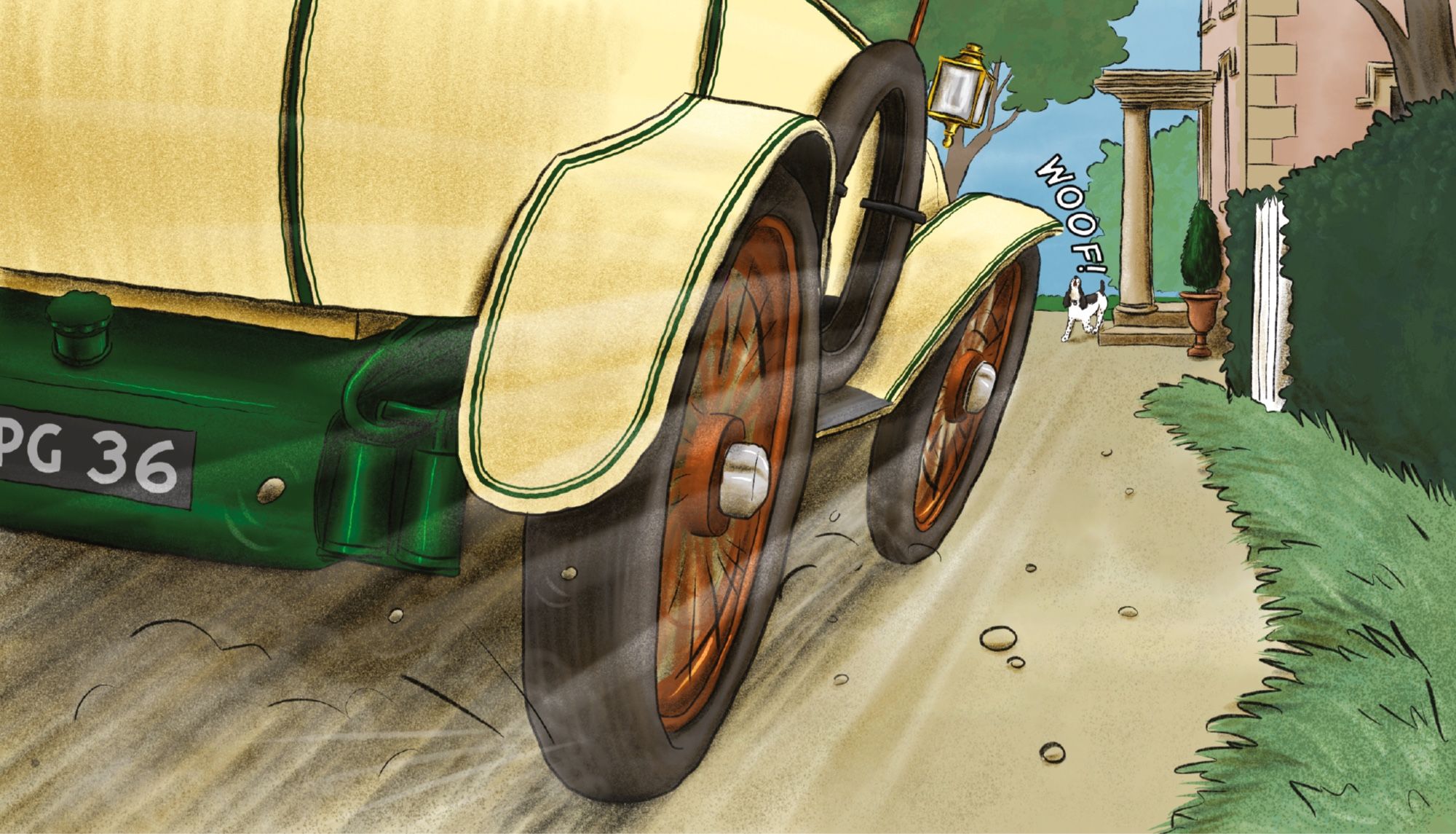 Panel from No Surrender graphic novel, showing the Crompton’s car speeding past us towards some barking spaniels