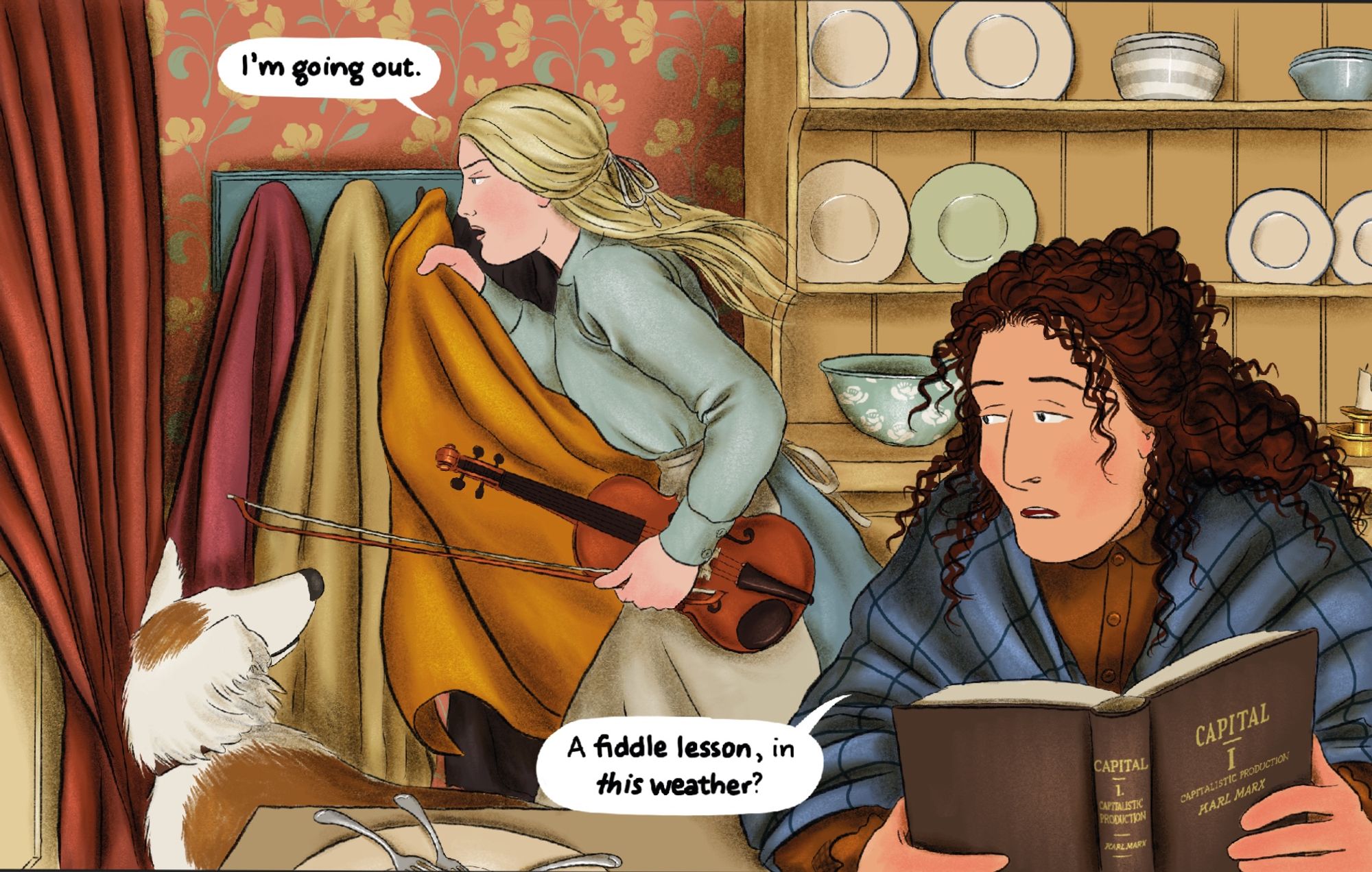 A panel from This Slavery graphic novel (out 2025) showing two sisters and a dog thinking of going out in bad weather