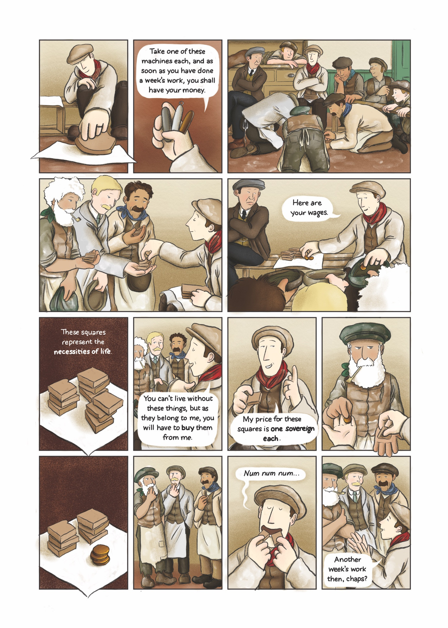 A single page from the graphic novel of Robert Tressell’s The Ragged Trousered Philanthropists, showing the moment when Owen demonstrates to his workmates how they are being shafted by capitalism, using some imagination and a slice of bread