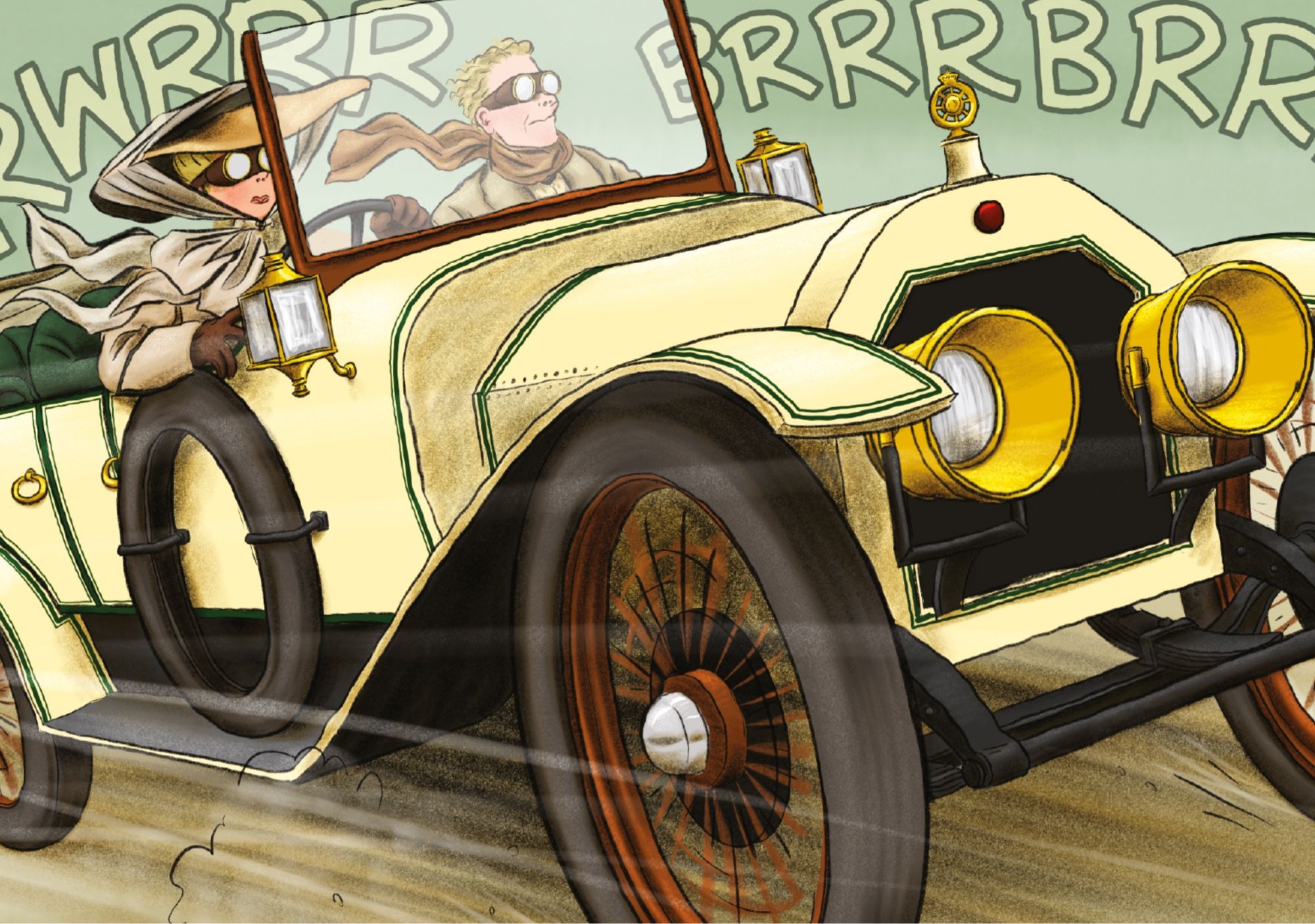 Panel from No Surrender graphic novel, showing Selina Crompton and her brother, Sir Charles, speeding towards us in a fancy car