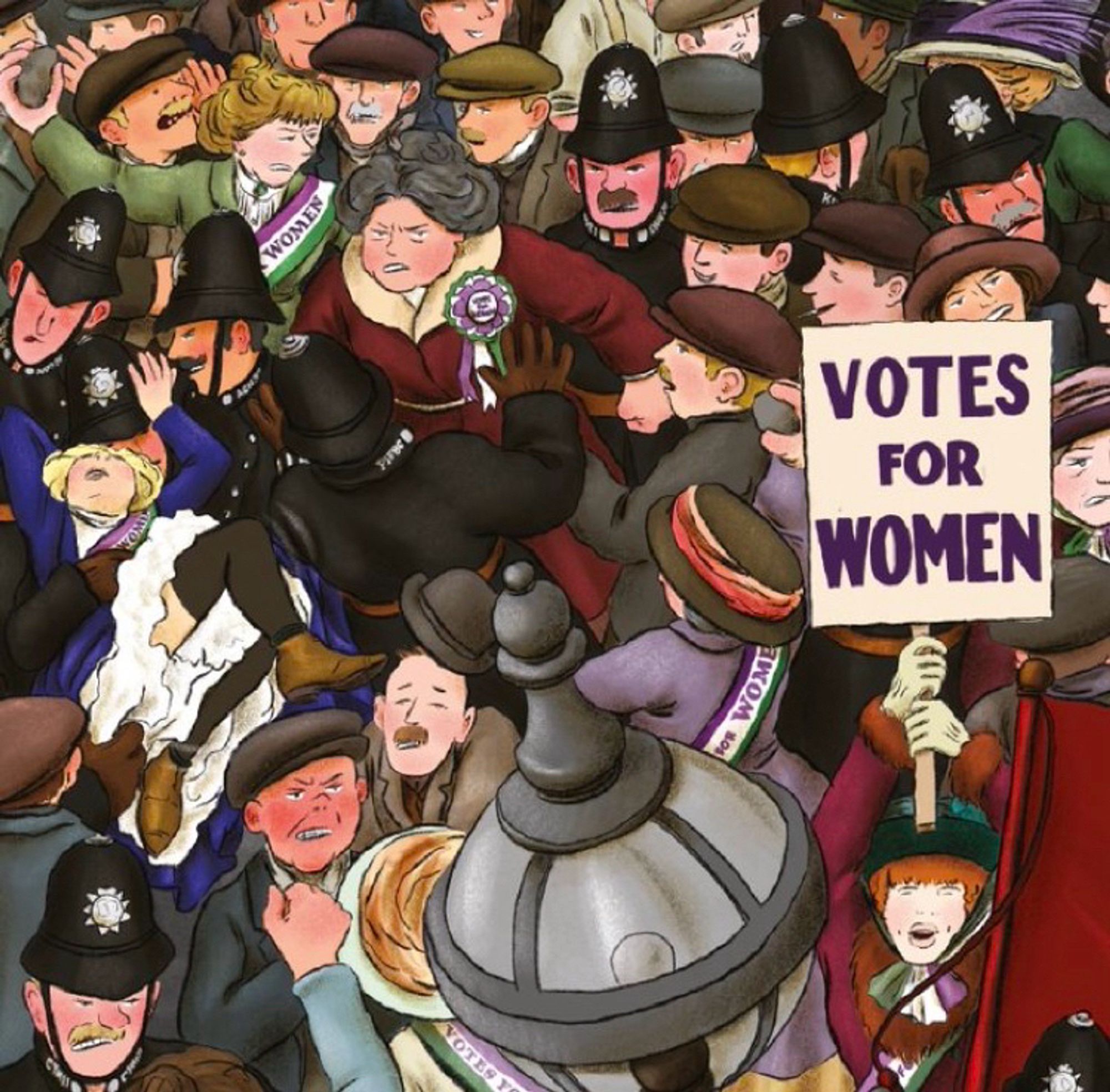 A close up from panel in the graphic novel, No Surrender, showing a huge street fight between protesters and the metropolitan police. A prominent person holds a sign up saying VOTES FOR WOMEN