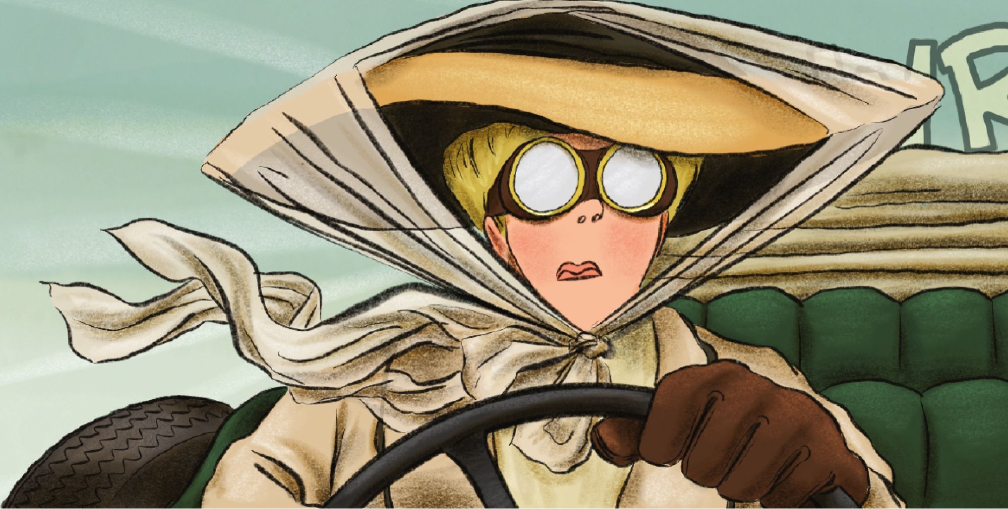 Panel from No Surrender graphic novel, showing a close up of modern woman Selina Crompton driving too fast