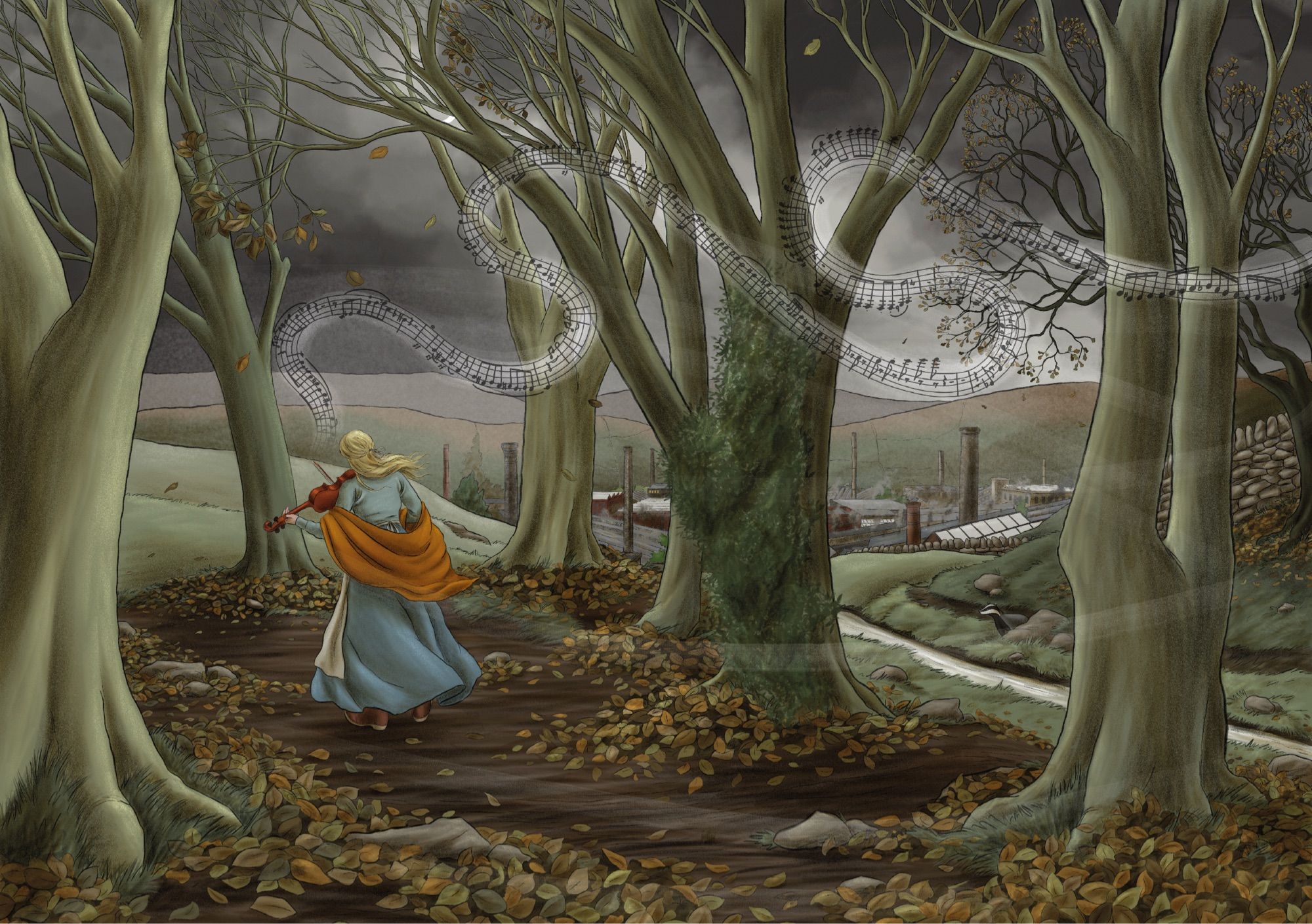 A panel from This Slavery graphic novel showing a woman playing a violin in the woods at night, with a mill town in the background