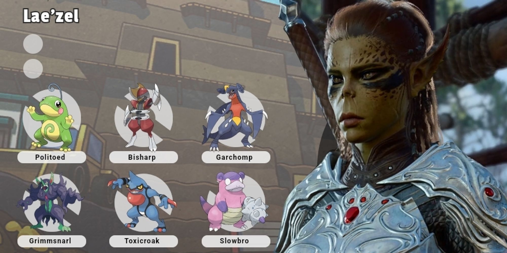 a pokemon trainer card made for Lae'zel from Baldur's Gate 3, with her edited in on the right and a six pokemon team on the left. The pokemon are Politoed, Bisharp, Garchomp, Grimmsnarl, Toxicroak, and Galarian Slowbro.