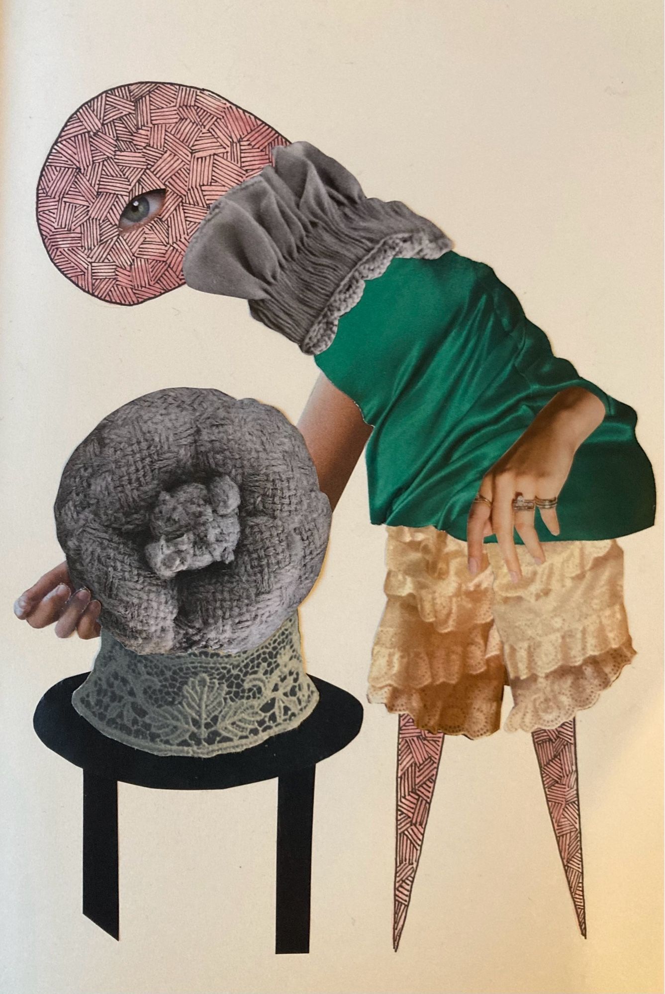 Collage of a surreal figures gazing into a crystal ball made of wool.