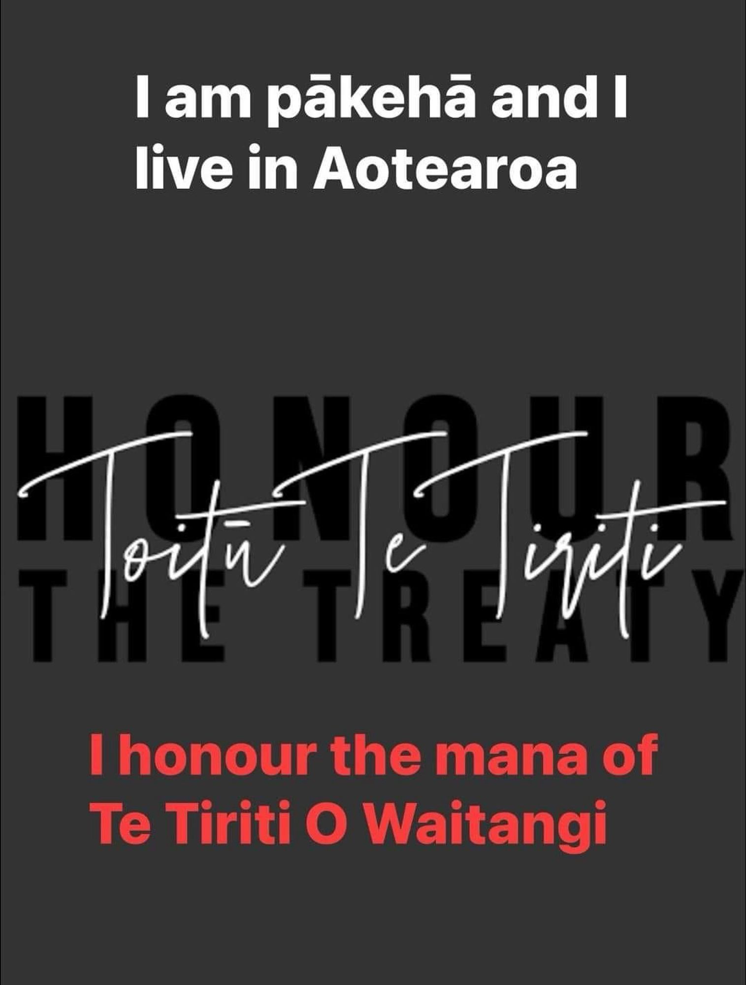 Over a grey background that has the words HONOUR THE TREATY in black white text at the top of the page  reads: I am paakehaa and I live in Aotearoa. In the cebtre and directly over the words Honour the Treaty in English are the same  words in Maaori Toituu Ti Tiriti.

At the bottom of the page red text reads: I honour the mana of Te Tiriti O Waitangi.