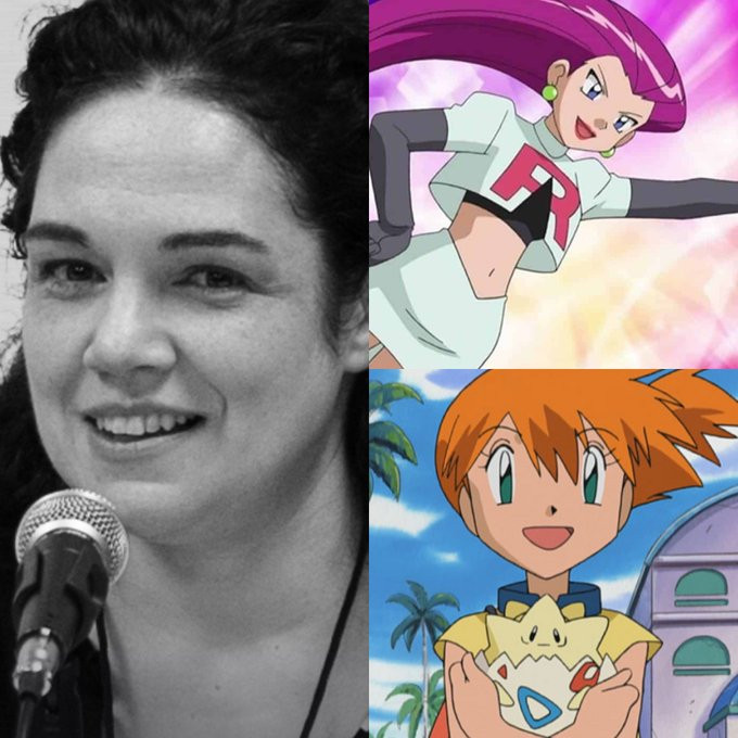 A monochrome picture of Rachel Lillis at a microphone, along with screenshots of Jessie and Misty holding Togepi.