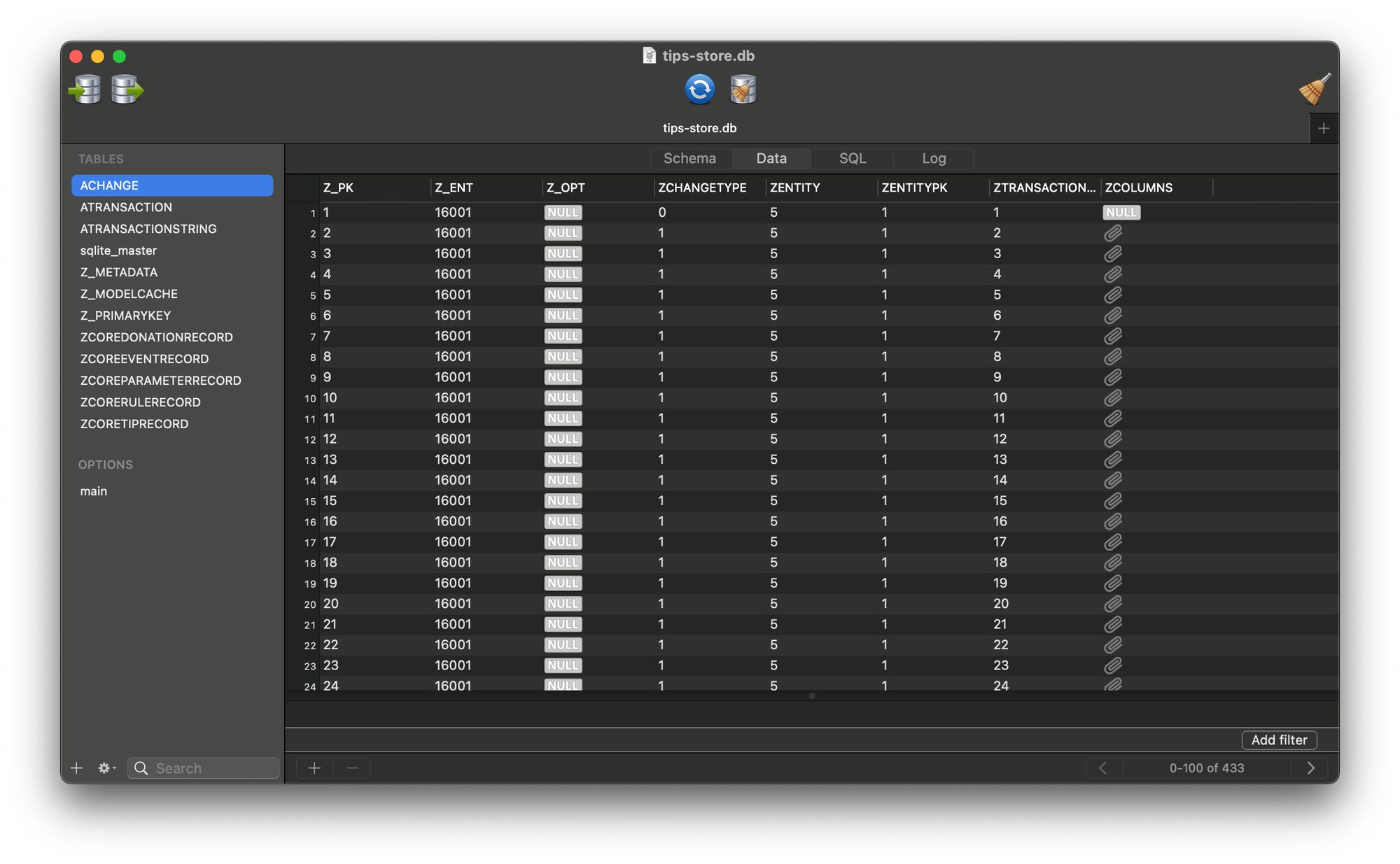 Screenshot of a Sqlite database browser showing a list of tables with the typical CoreData naming schemes (ZTABLENAME, etc.)